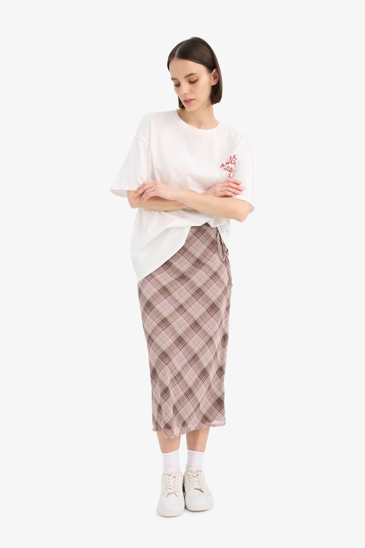 DeFacto-A-Line Checked Chiffon Midi Skirt - Regular Waist Combed Cotton Lined E7589Ax25Sp 3