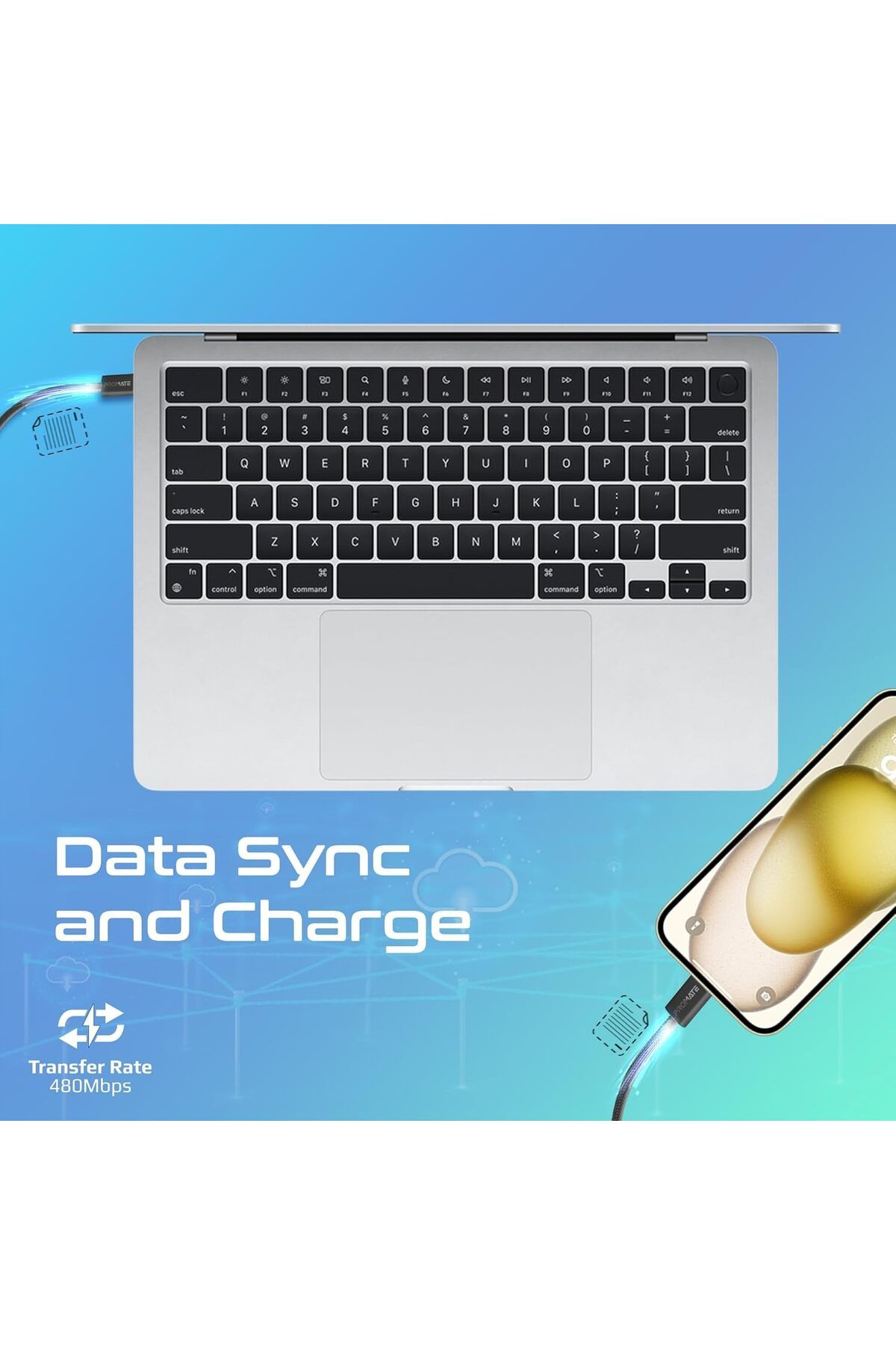Promate-USB-C™ to Lightning Cable, Ultra-Fast 27W Power Delivery, 480Mbps Data Sync, Super-Slim Co 4