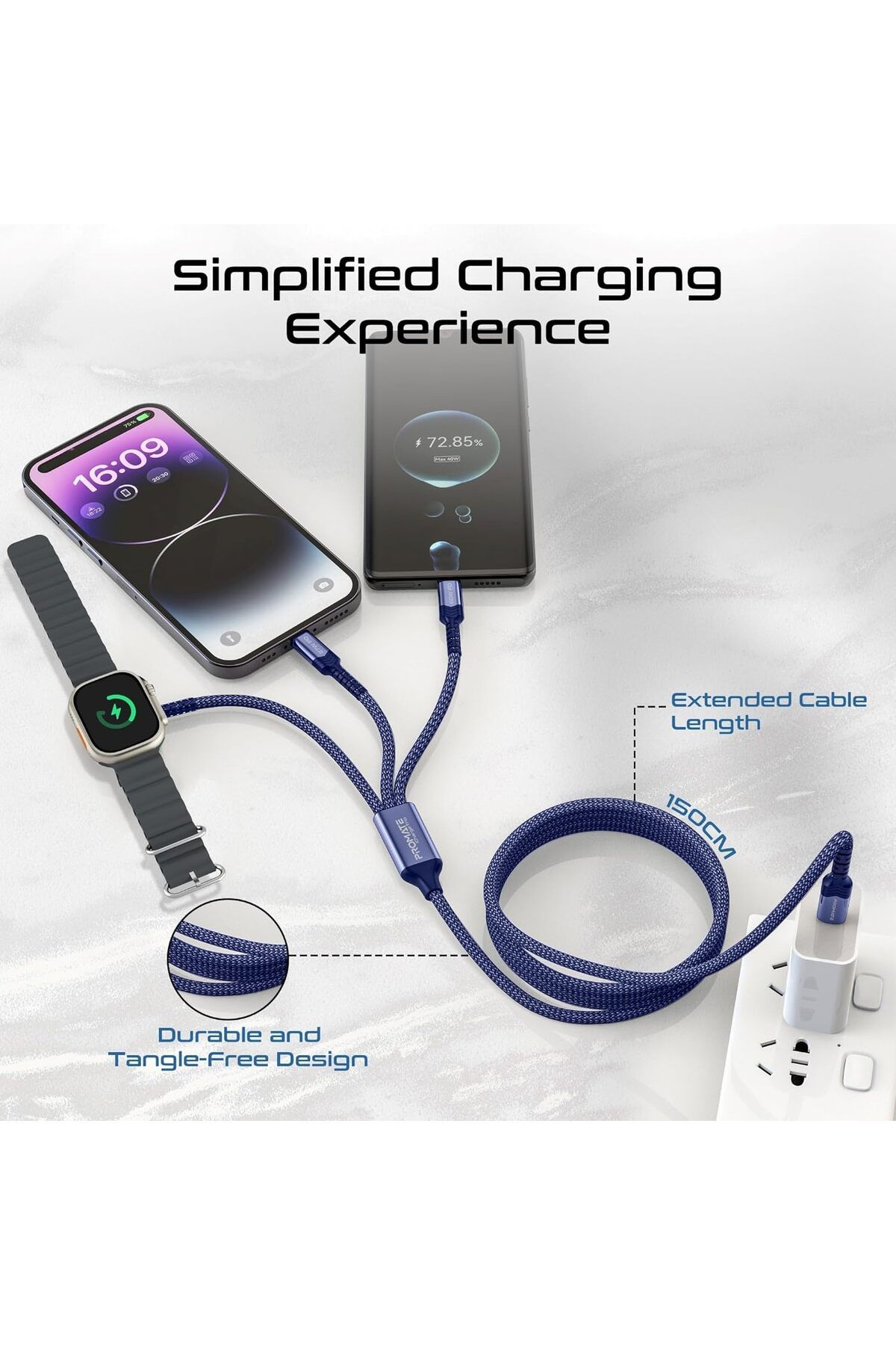 Promate-كابل شحن متعدد 3 في 1، فائق السرعة 60 واط من USB-C™ إلى USB-C™، موصل Lightning 27 واط 5
