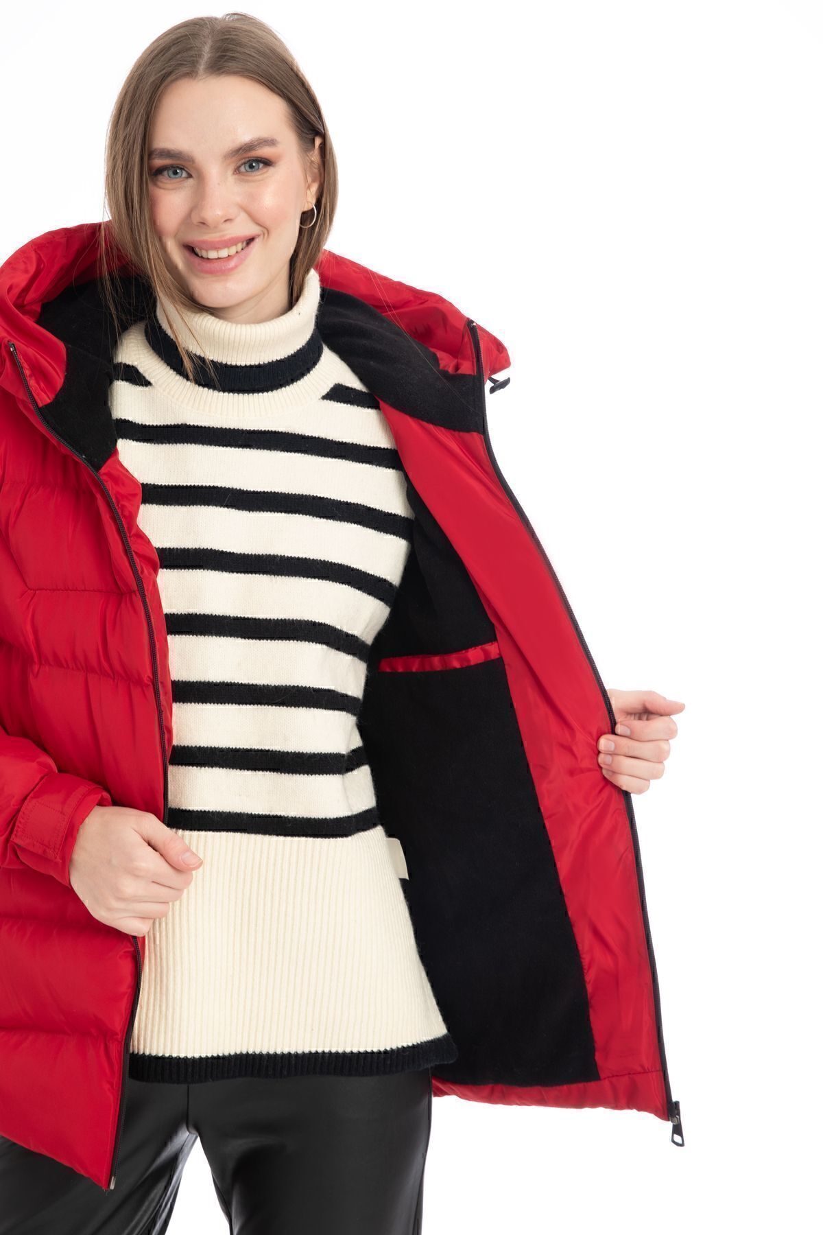 Montstop Жіночий червоний капюшон з підкладкою, водонепроникний, вітрозахисний надувний пуховик-пальто