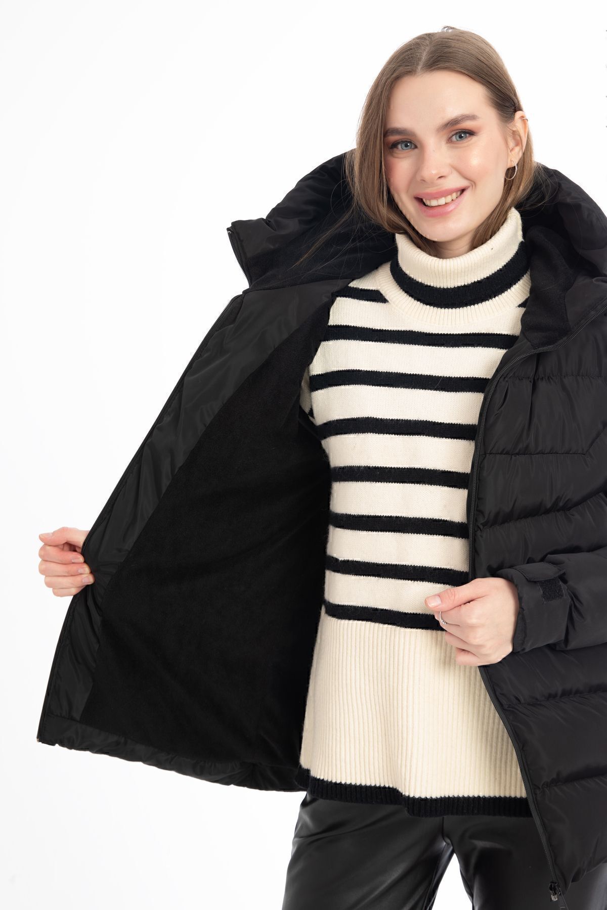 Montstop Дамско черно палто с качулка, подплатено, водоустойчиво и ветроустойчиво