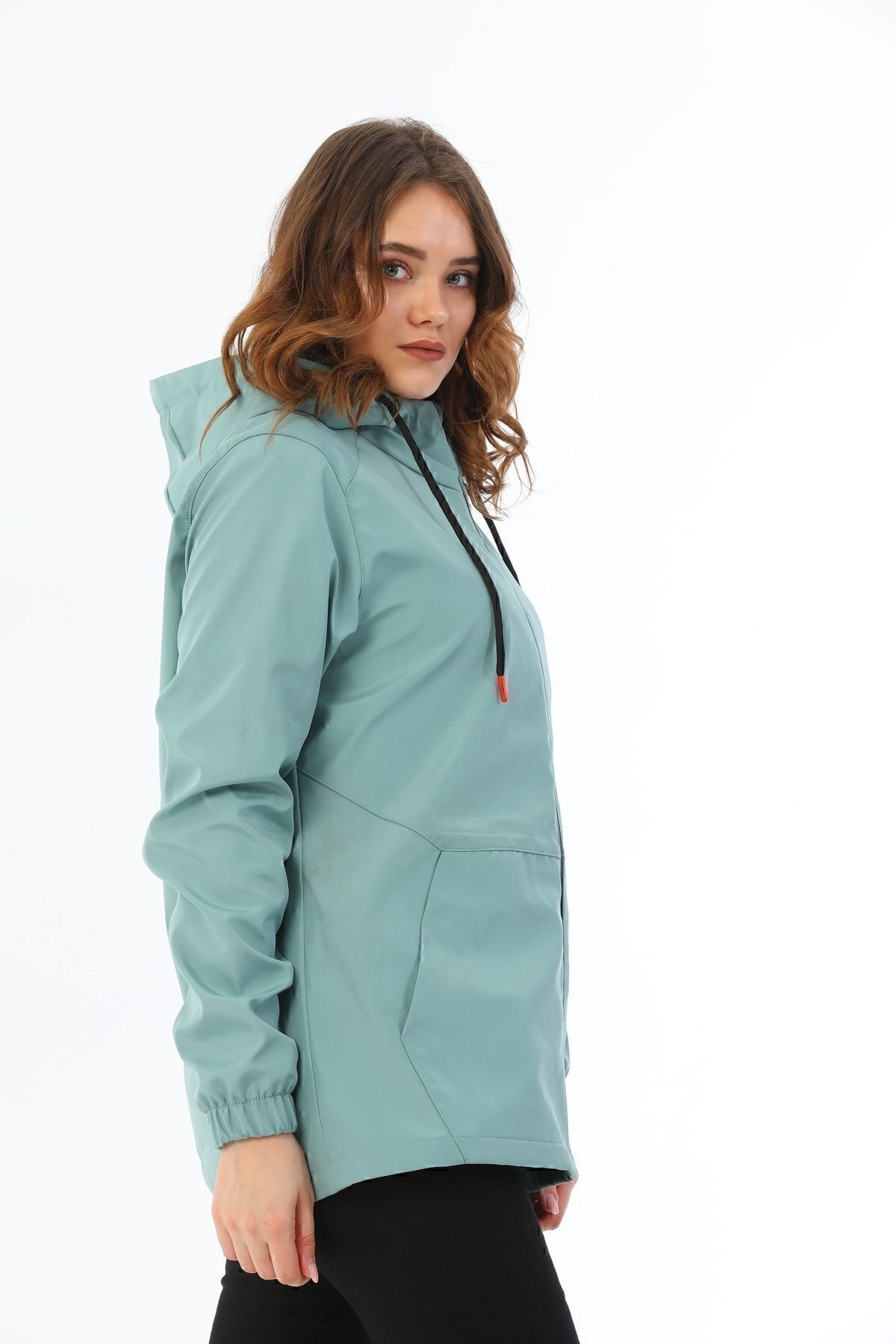 Montland  Kadın Mint Yeşil Içi Astarlı Su Geçirmez Ve Rüzgara Dayanıklı Kapüşonlu Cepli Yağmurluk - Rüzgarlık - Görsel 5