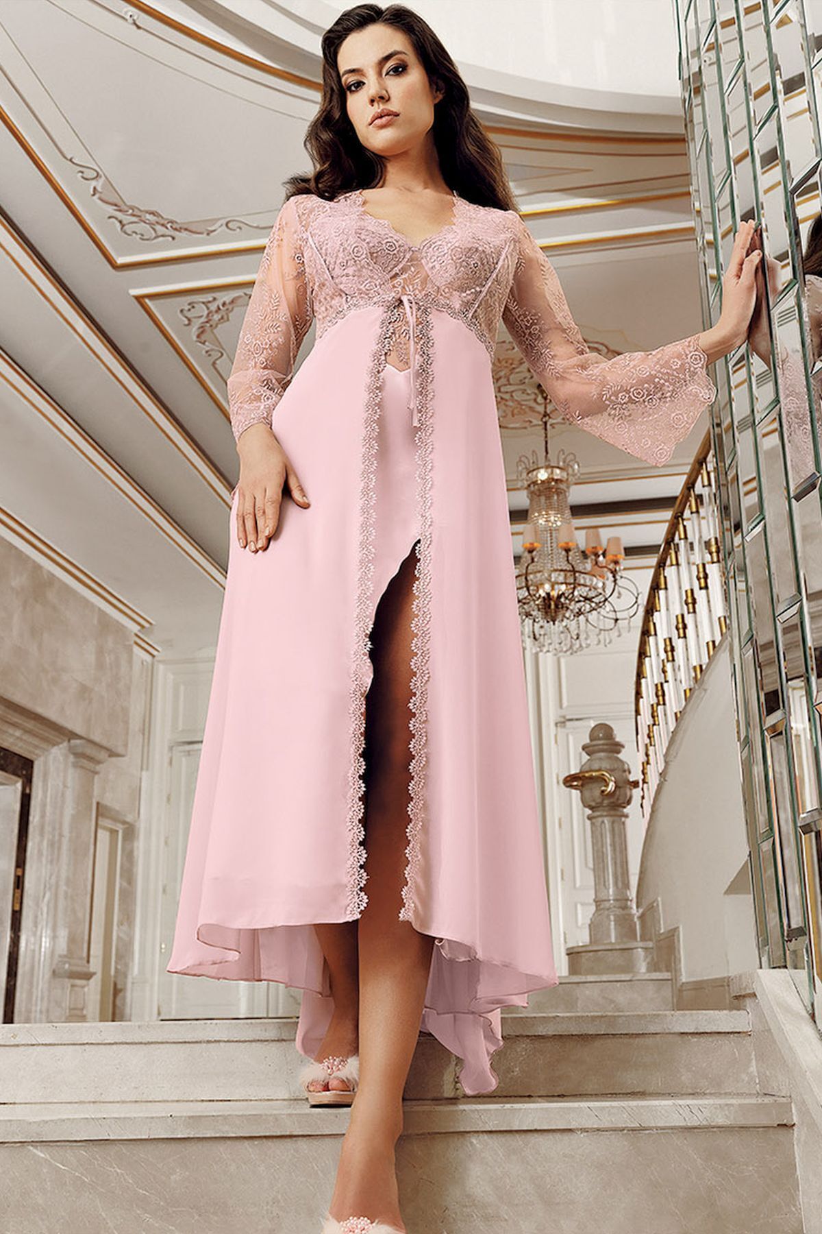 İmaj İmaj 4206 Kadın Pudra Sabahlıklı Gecelik Ikili Çeyizlik Saten Set