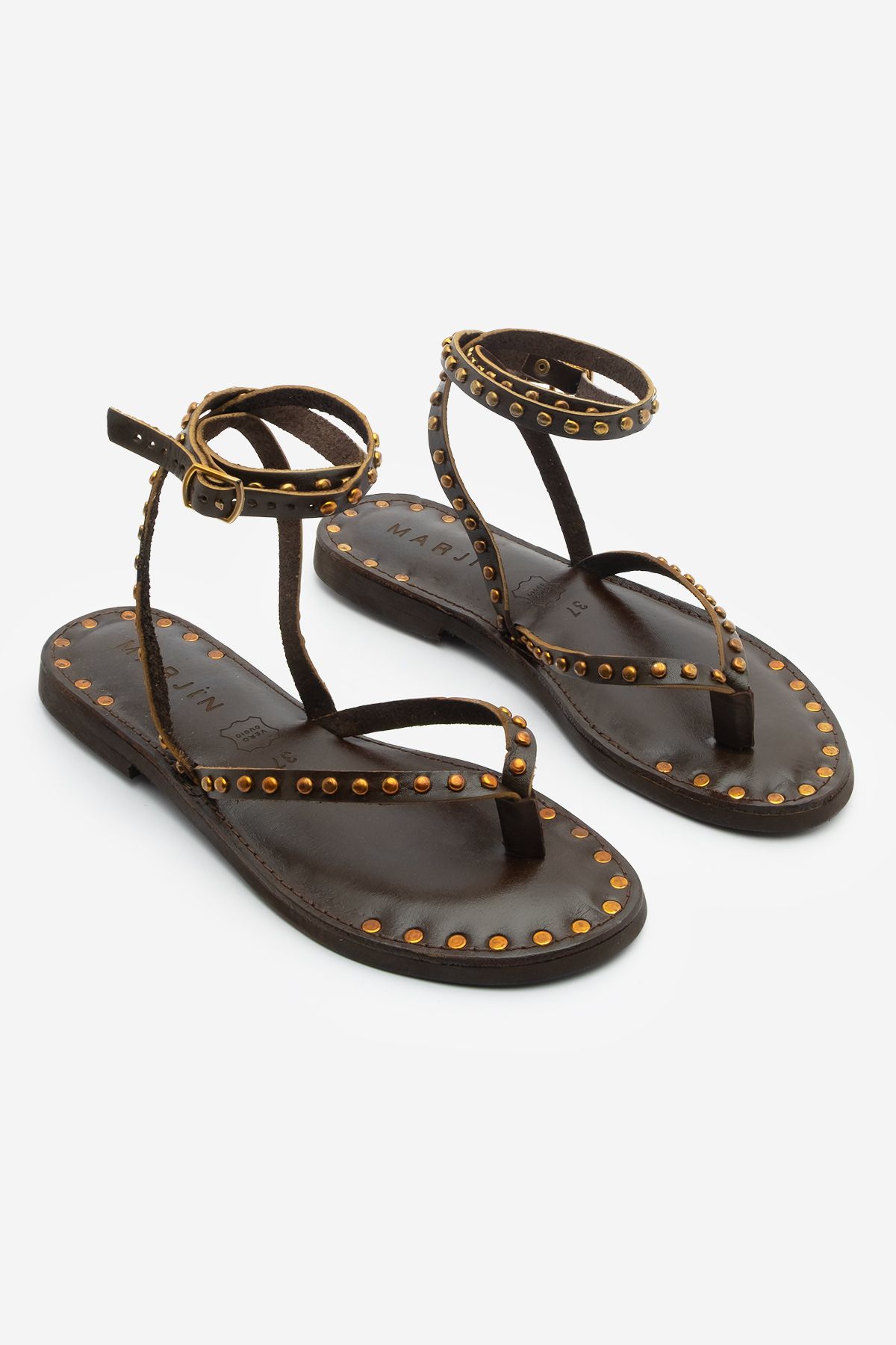 Marjin-Genuine Leather Flip Flops Ankle Strap Studded Troc Daily Sandals 5