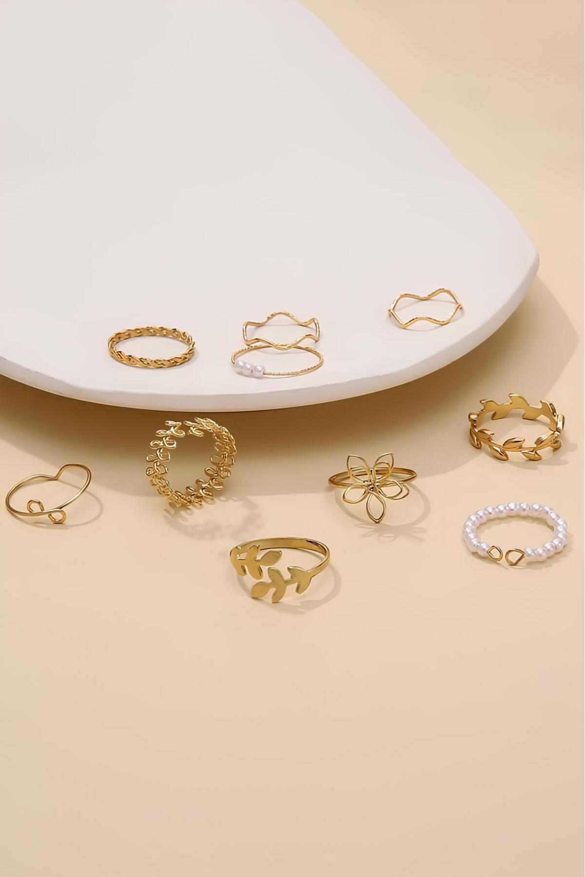 The Collection  10'lu Kombin Eklem Gold İncili Yüzük Set - Görsel 5