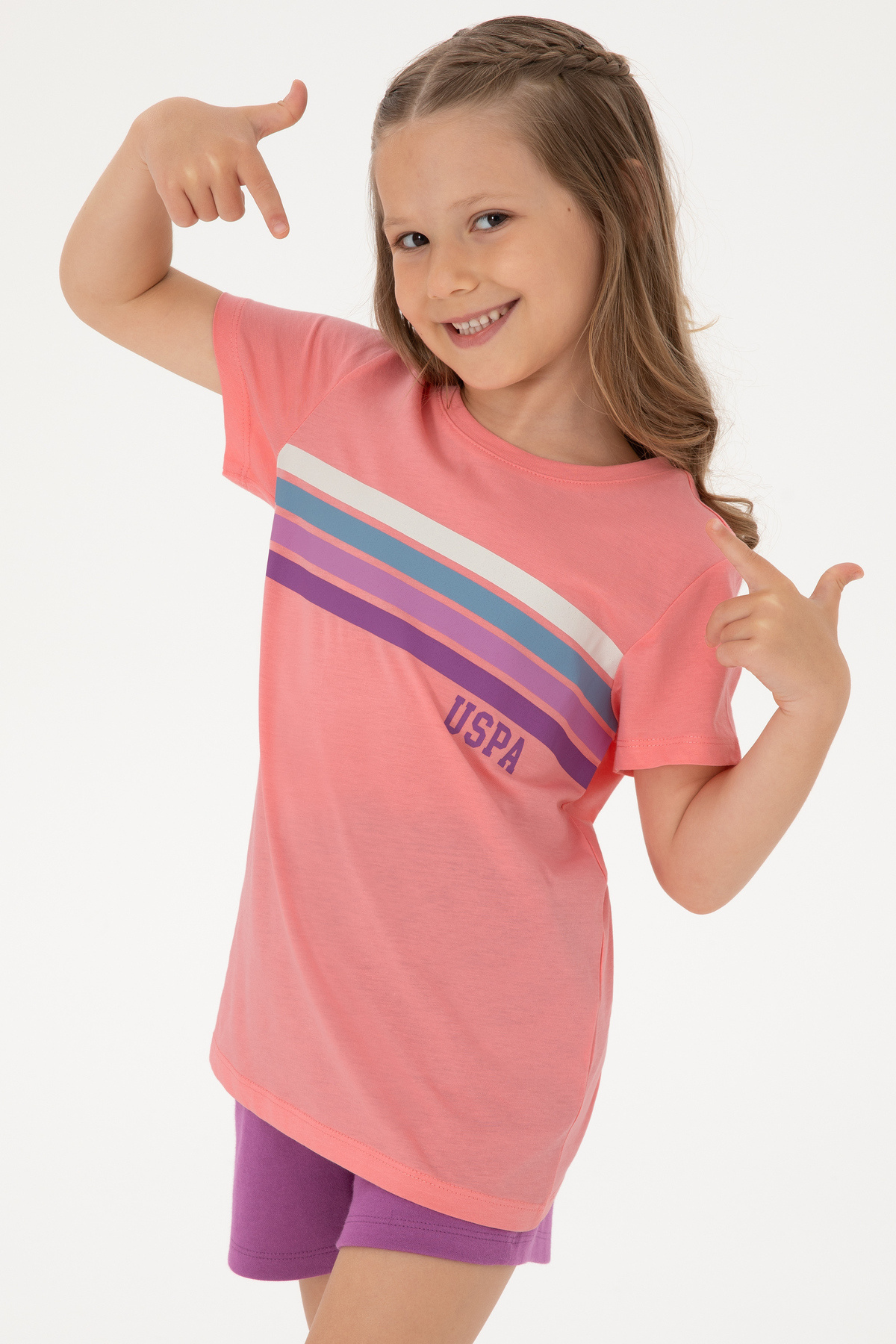 U.S. Polo Assn.-Girl's Pink Crew Neck Colorful Line Printed Cotton T-Shirt 50306253-Vr041 1