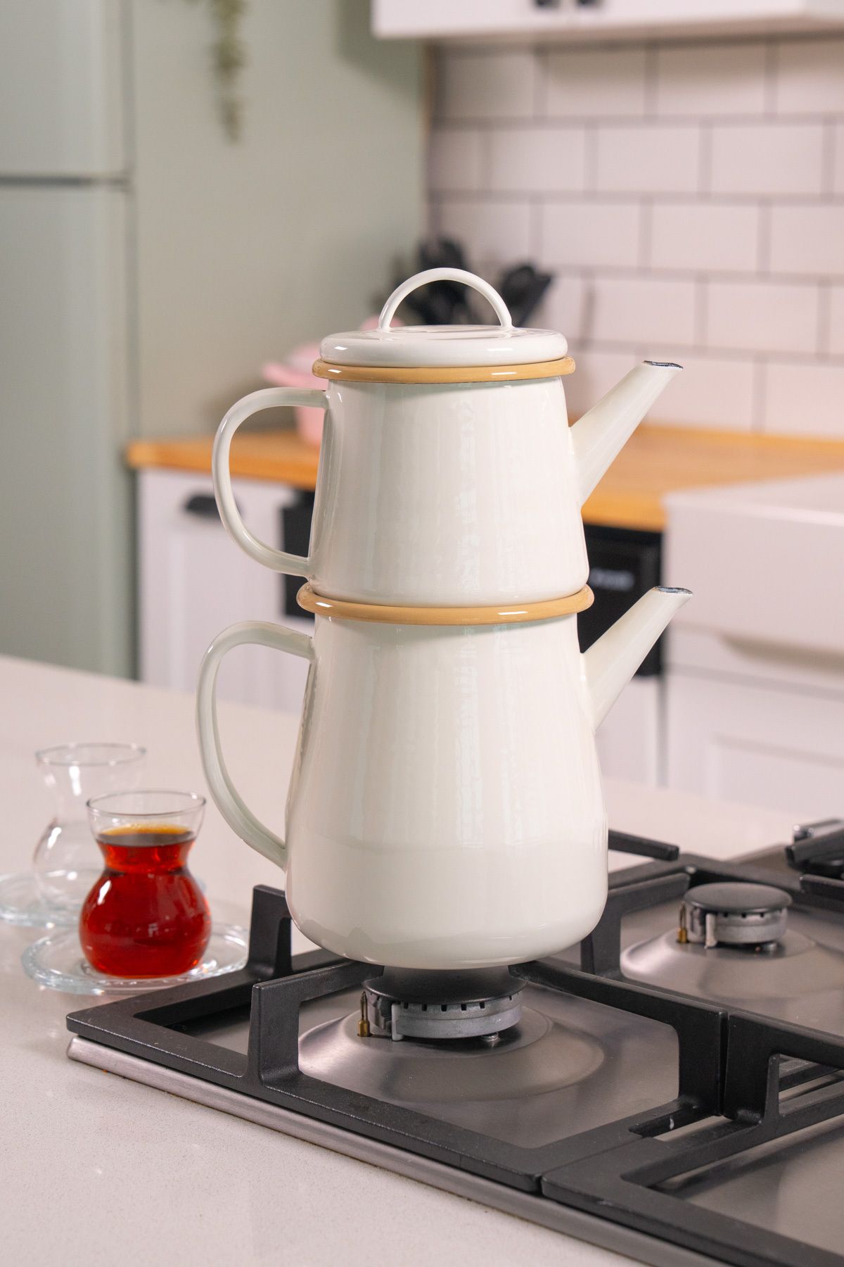 EBUTAY-Crema Di Siena Enamel Teapot - Cream Sahan Set of 2 with Handles and Handle 2