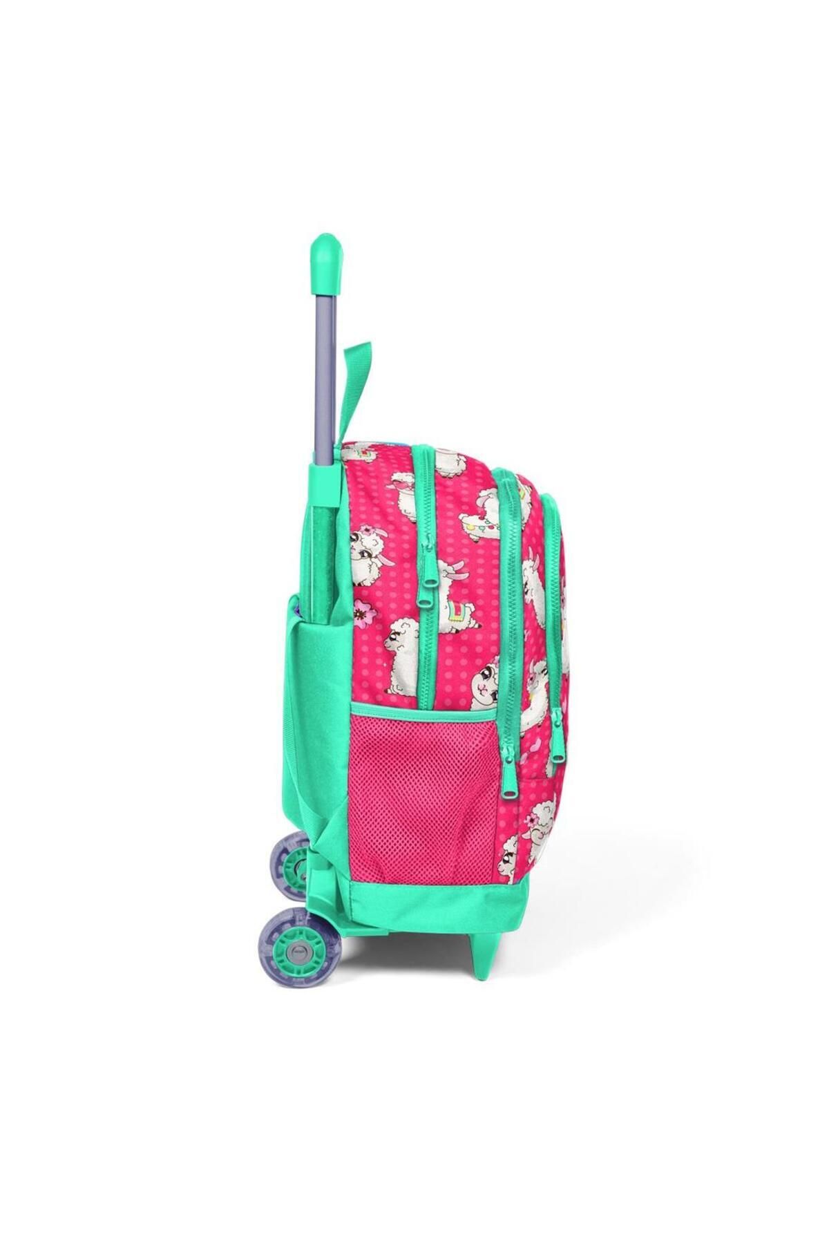 Coral High-Kids Neon Coral Alpaca Patterned Illuminated Wheeled Two-Compartment Squeegee Backpack 23364 7