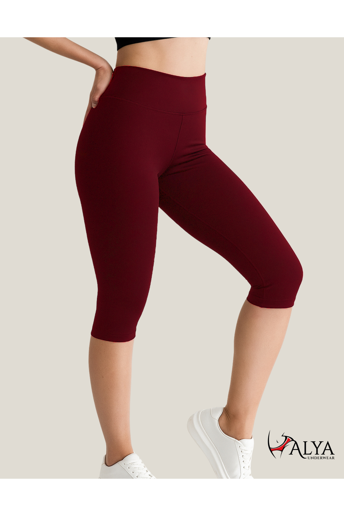 Knee-High Capri Tights High Waist Lycra Shiny Scuba Fabric, Burgundy