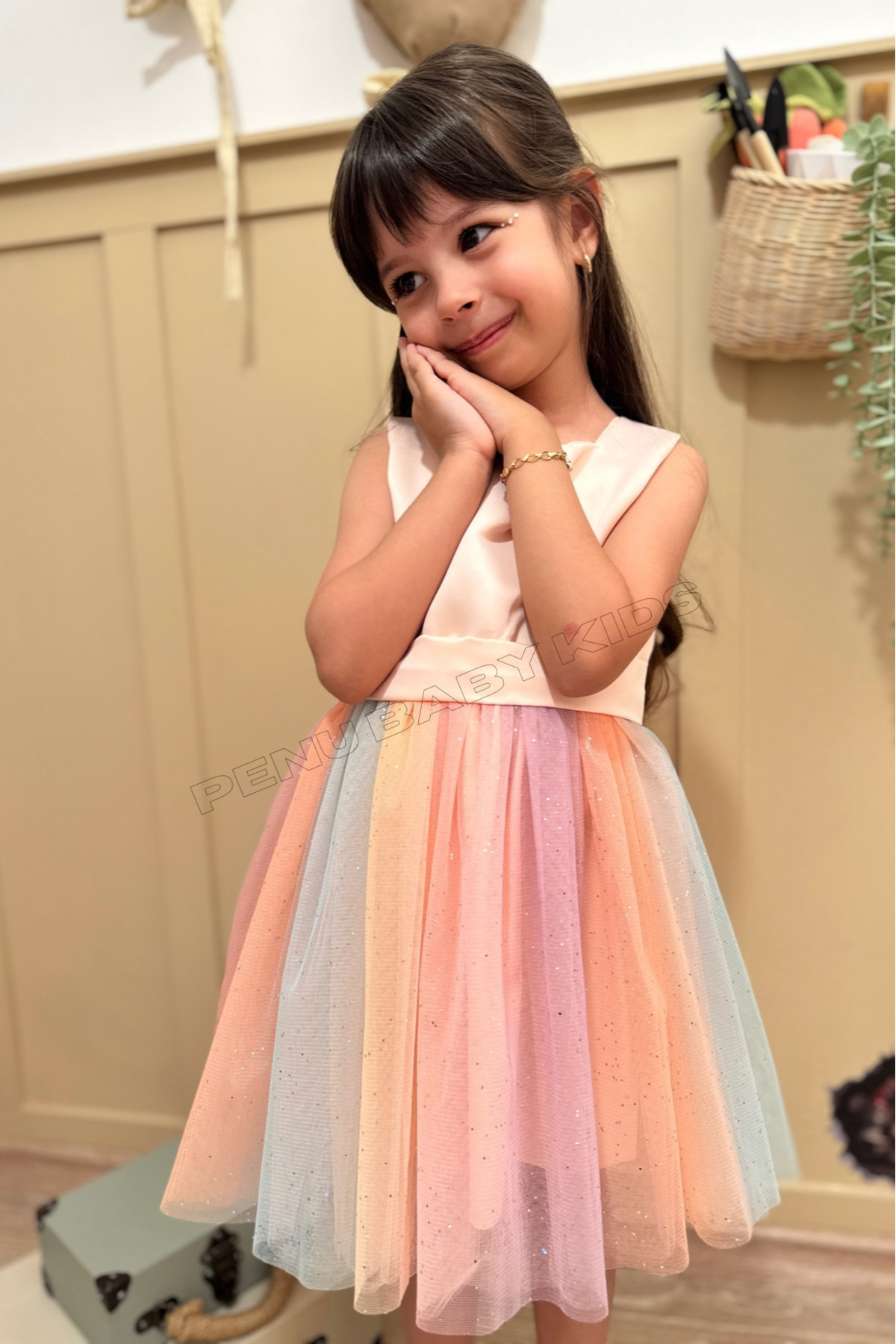 penu baby kids Somon Üstü Mat Saten Altı Renkli Etek Kız Çocuk Kız Bebek Elbise fotoğrafı 6 (önizleme)