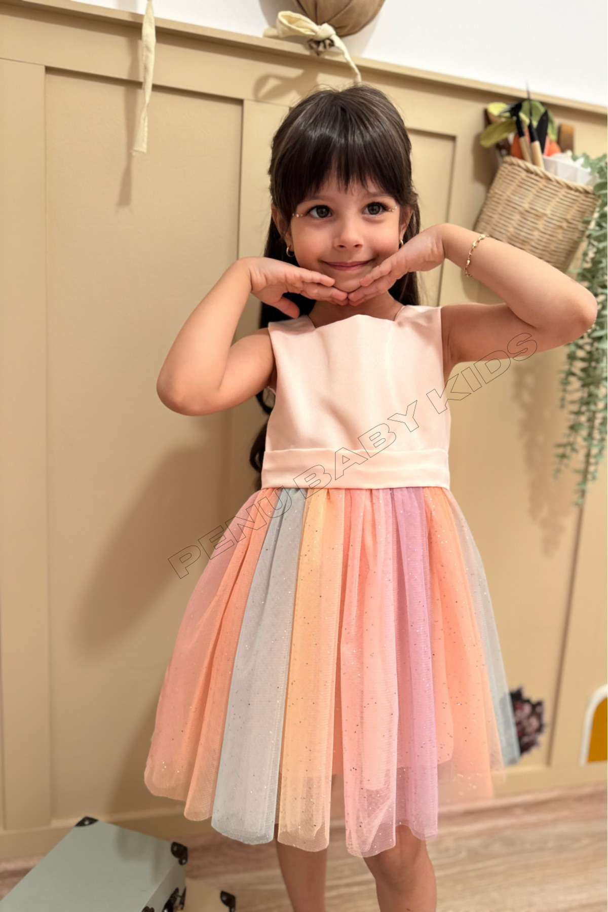 penu baby kids Somon Üstü Mat Saten Altı Renkli Etek Kız Çocuk Kız Bebek Elbise fotoğrafı 2 (önizleme)