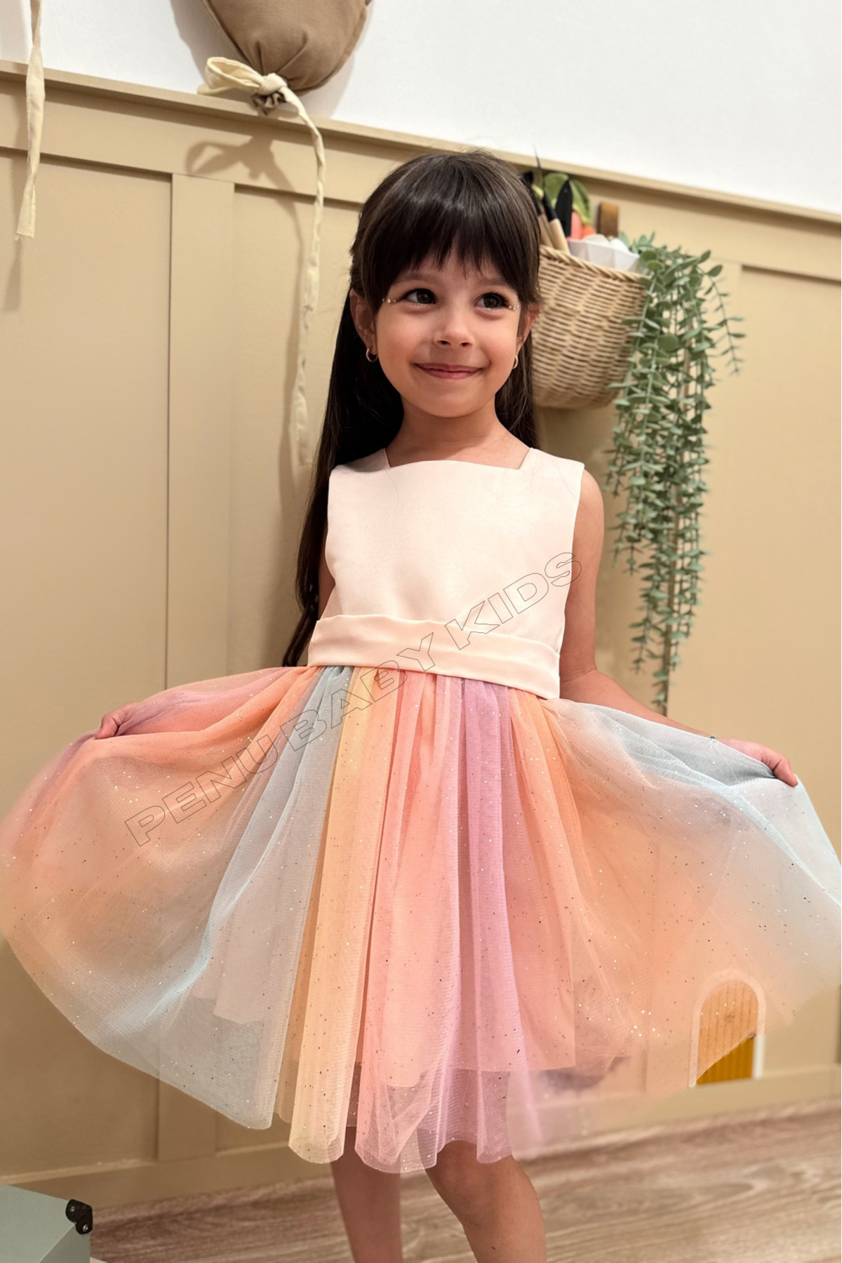 penu baby kids Somon Üstü Mat Saten Altı Renkli Etek Kız Çocuk Kız Bebek Elbise fotoğrafı 3 (önizleme)