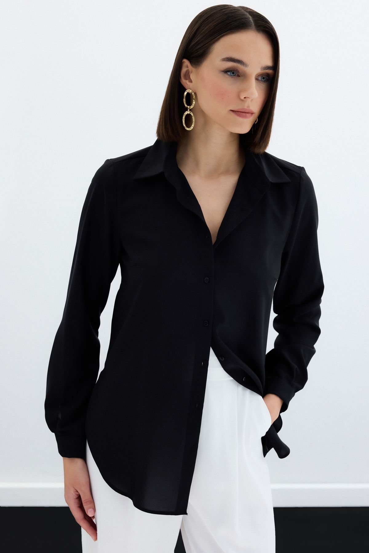 Sateen-Černá obyčejná klasická košile 5