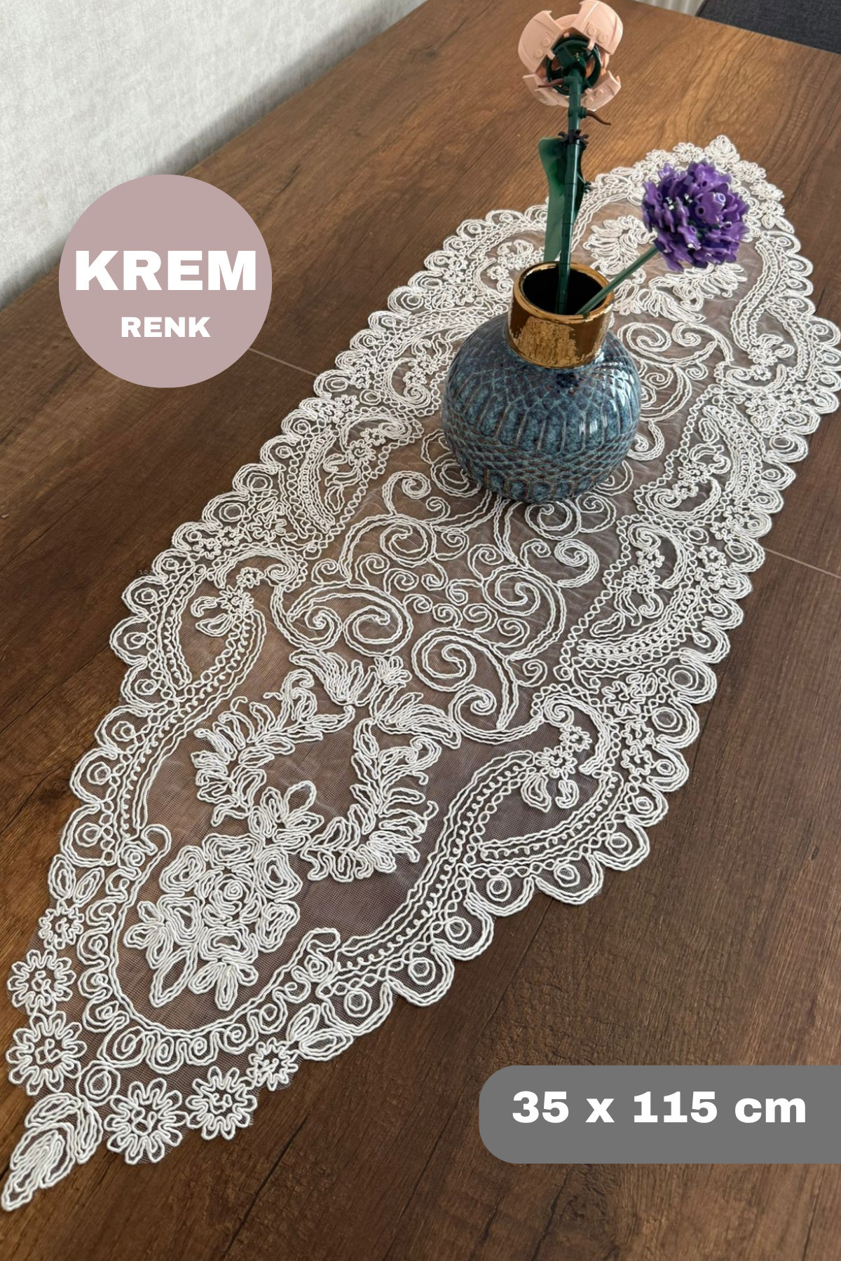 Cream Color Venice Model Dry Runner Custom Embroidered Cream (115X35CM)