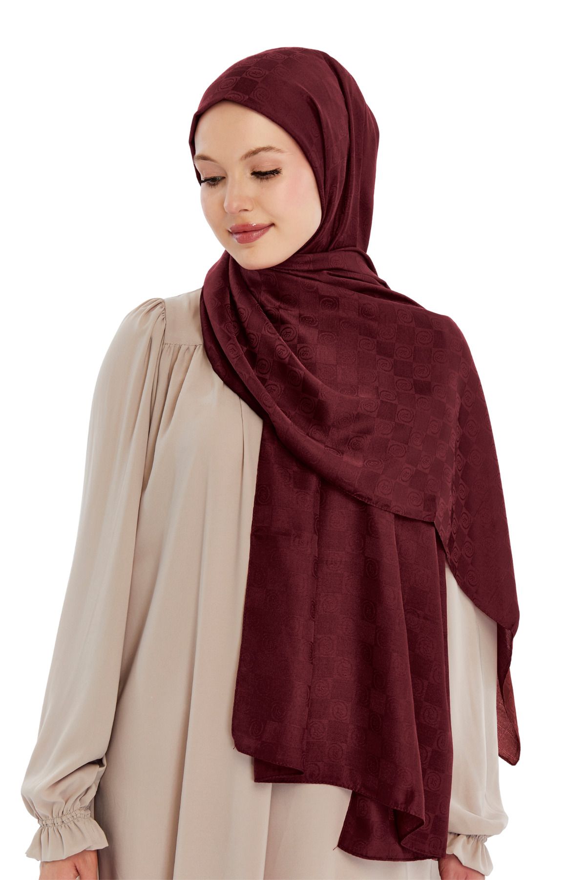 Altobeh-Monogram Checkerboard Pattern Shawl - Claret Red 3