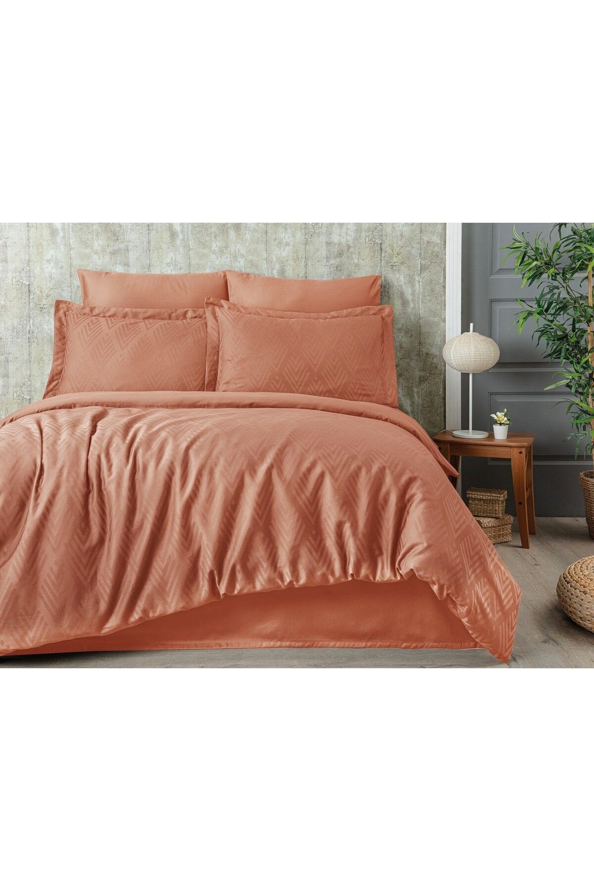 Tivoli 100% Cotton Jacquard & Satin Double Duvet Cover Set - Apricot Color - 200x220 Cm