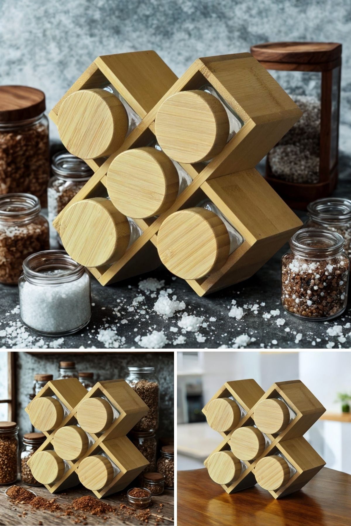 Piev-Set of 5 Jars with Bamboo Lid and Stand X Spice Rack 1
