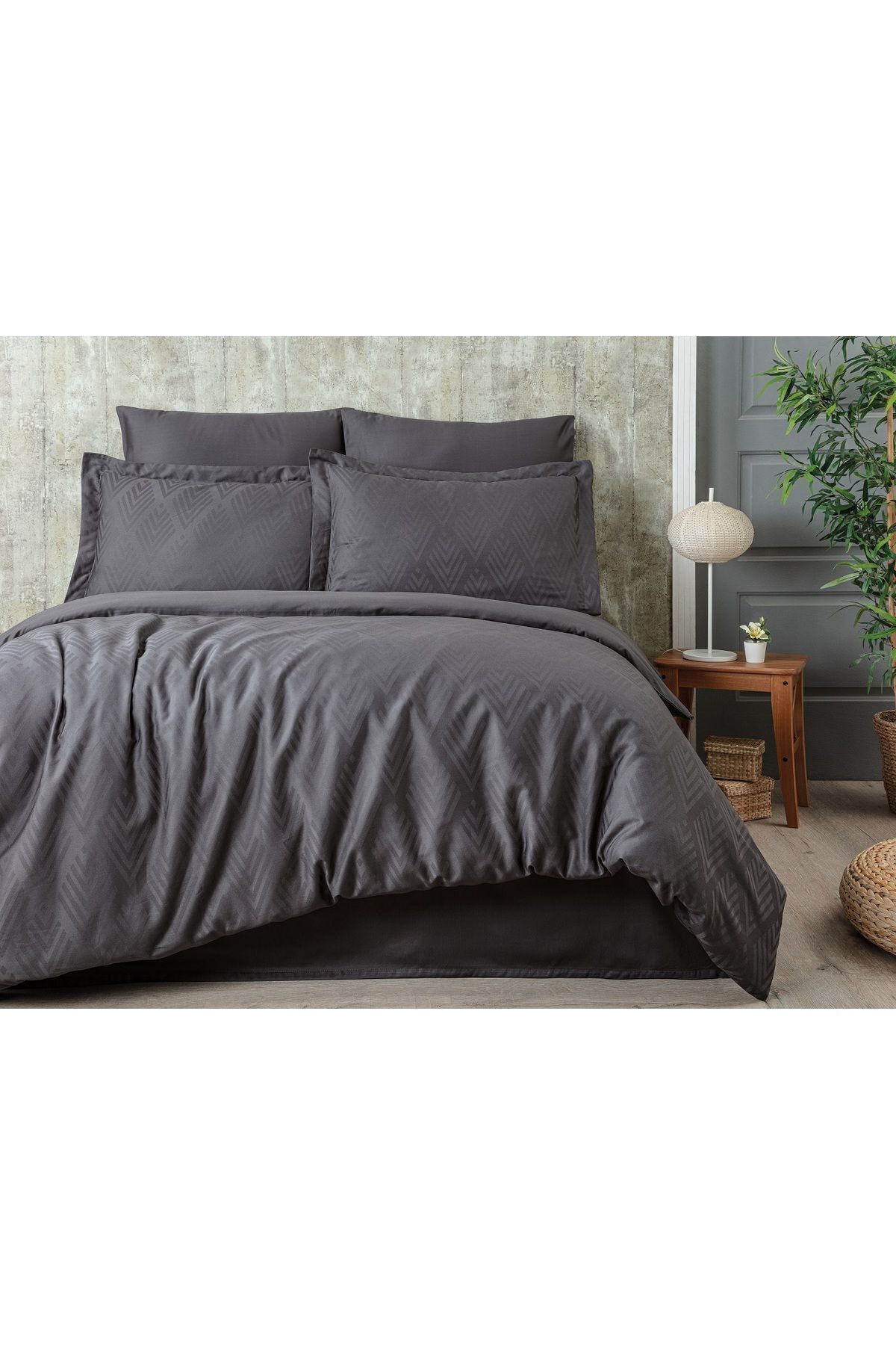 Tivoli 100% Cotton Jacquard & Satin Double Duvet Cover Set - Anthracite - 200x220 Cm