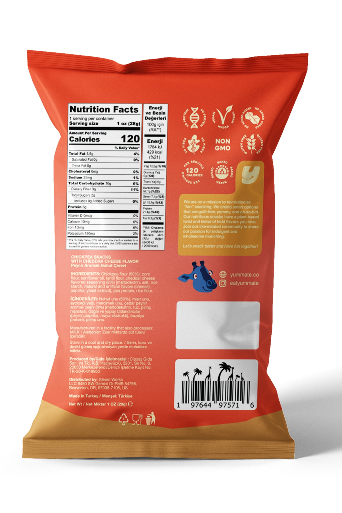Yummate Vegan Glutensiz Cheddar Peynir Aromalı Fırınlanmış Nohut