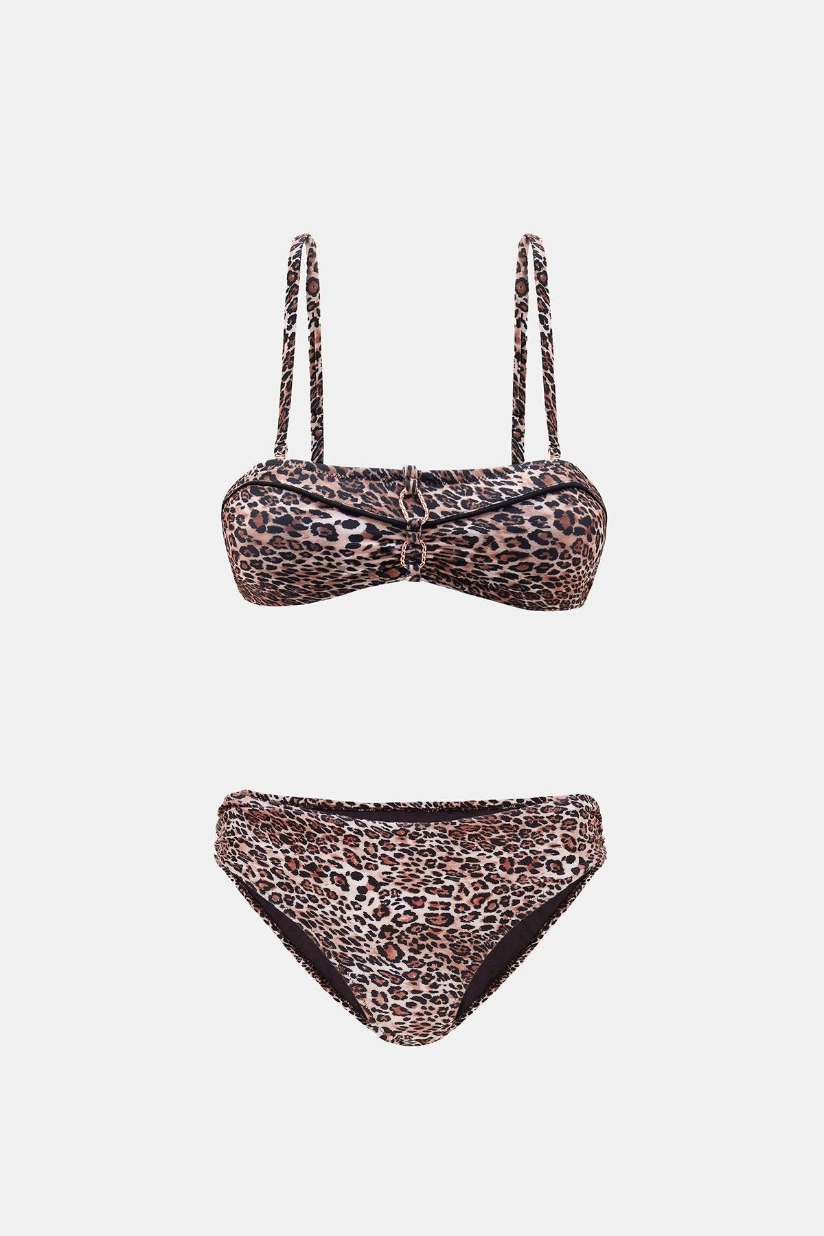Amarelle-Capetown Leopard Patterned Strapless Removable Strap Gathered Bikini Set 1