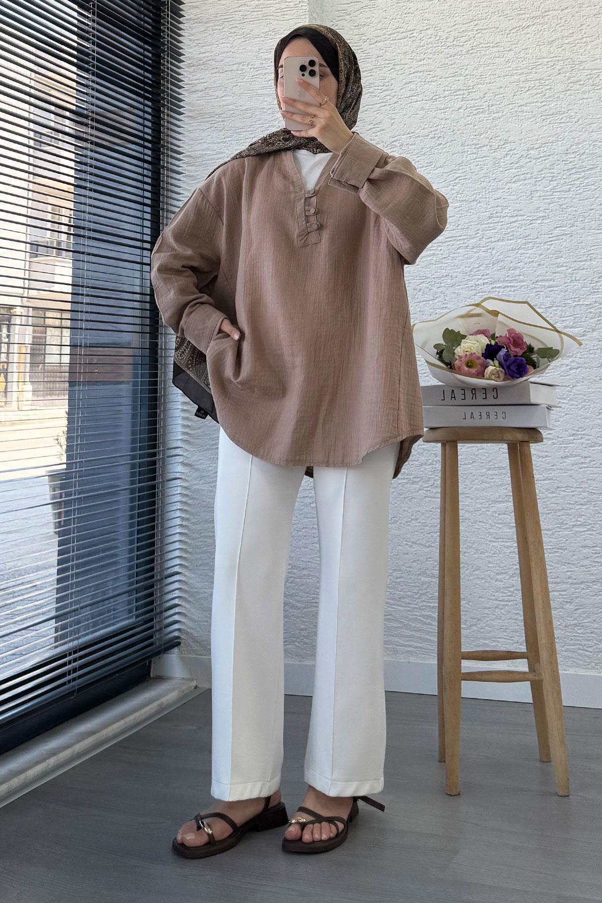 MELEK ARAZ-Muslin Tunic with Button Detail on the Front - Mink 4
