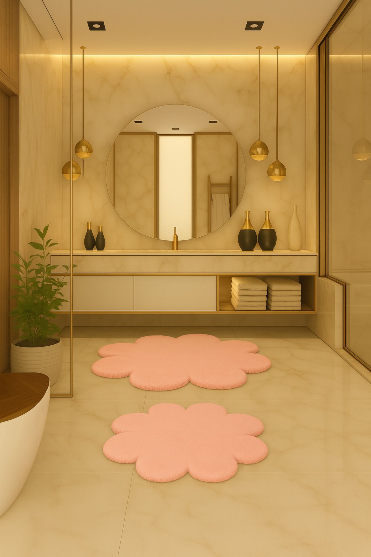 KEVLİNE-Bathroom Mat Round Daisy Shaped Double Toilet Set 80X80 - 60X60, Soft Soft Key 3