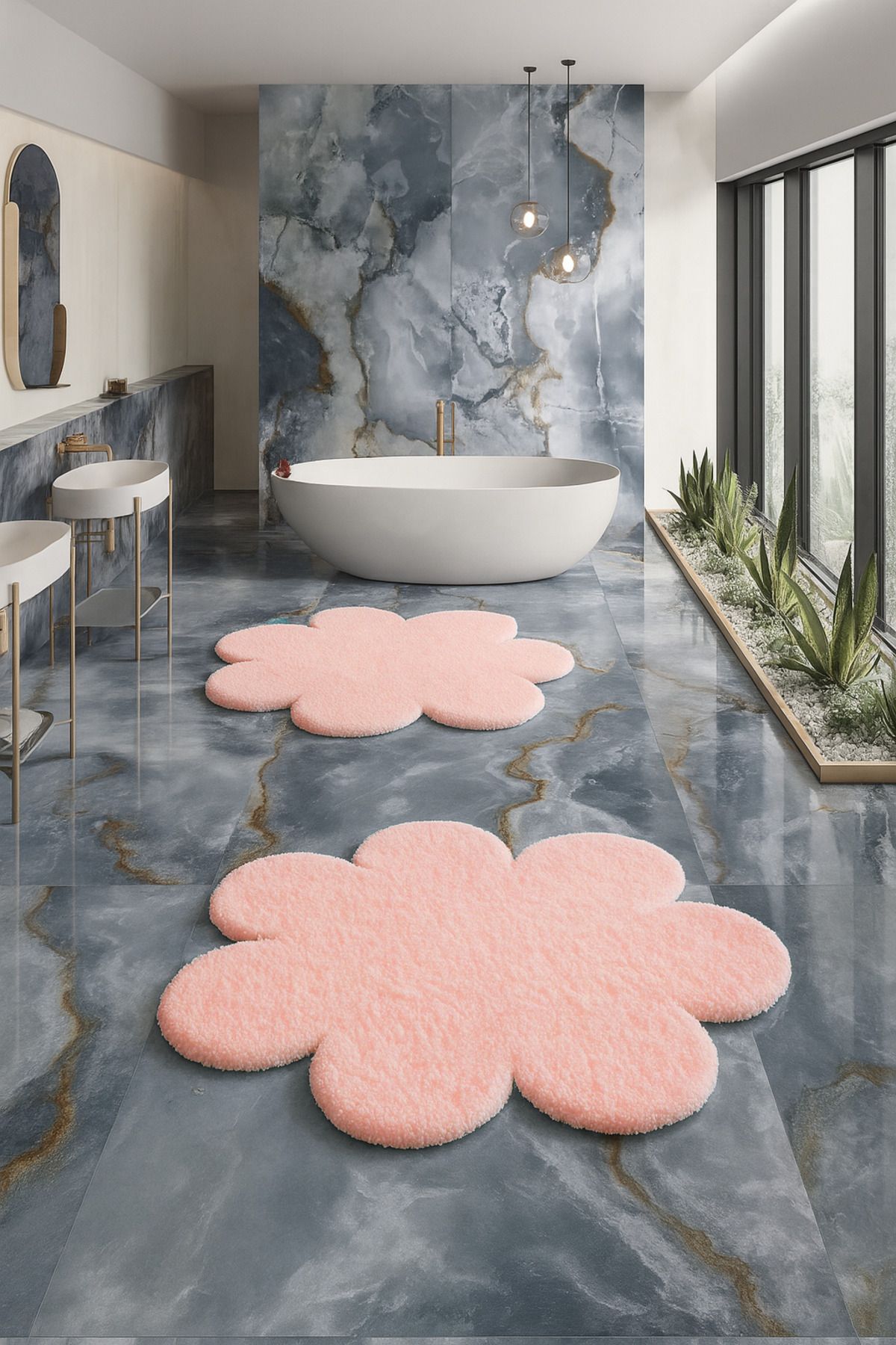 KEVLİNE-Bathroom Mat Round Daisy Shaped Double Toilet Set 80X80 - 60X60, Soft Soft Key 1
