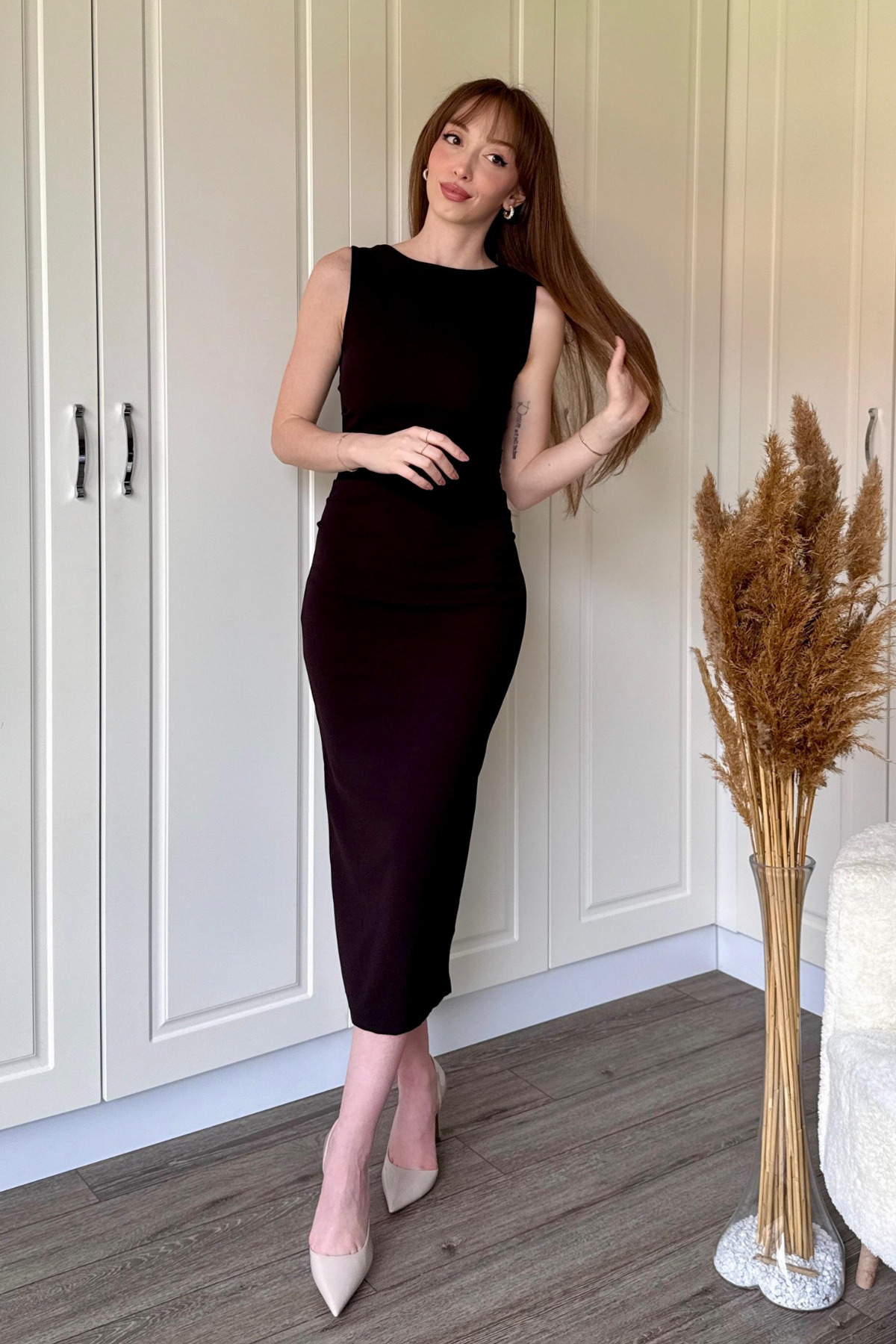 Dilay Gökoğlu Butik  Drapeli Midi Kahverengi Elbise - Görsel 5