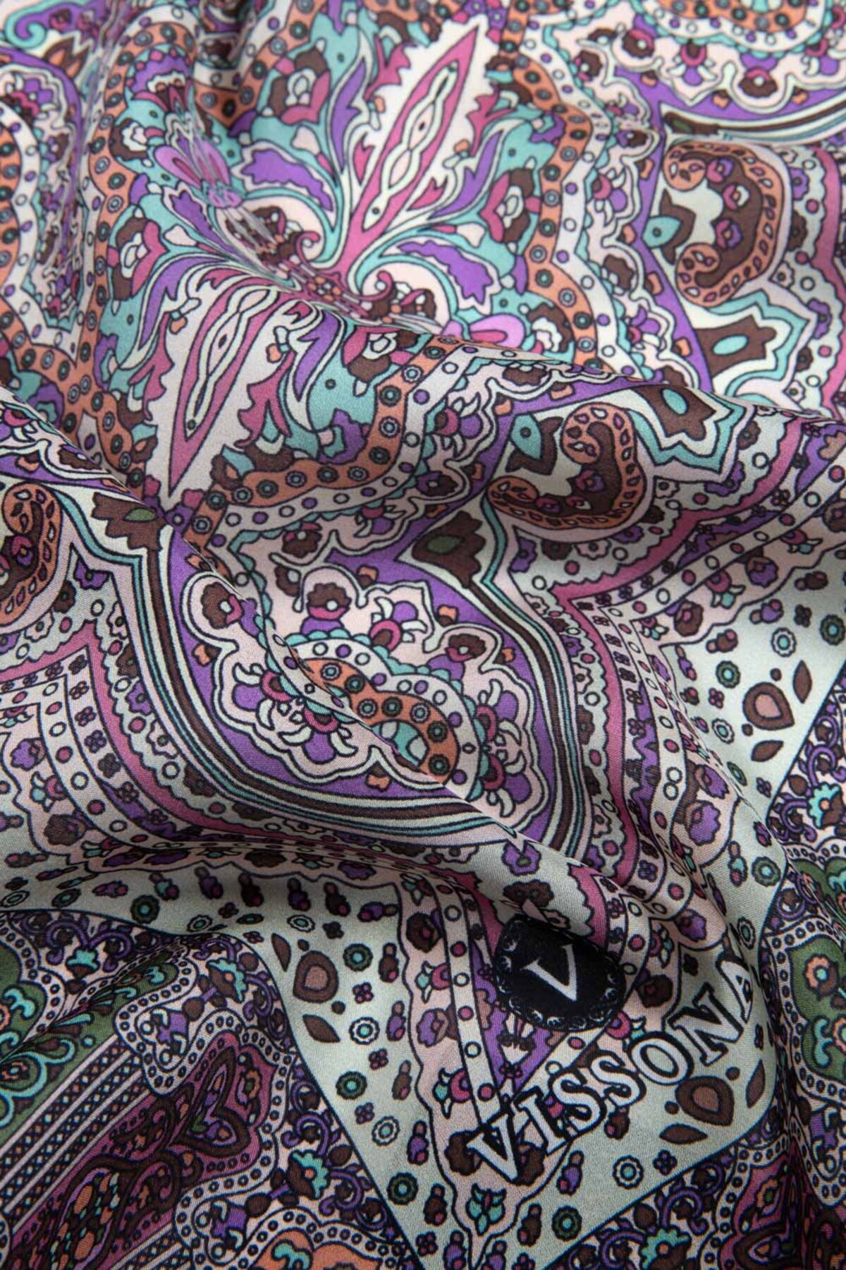 Vissona-100% Silk Ethnic Patterned Khaki - Purple Colored 92X210 Shawl 3