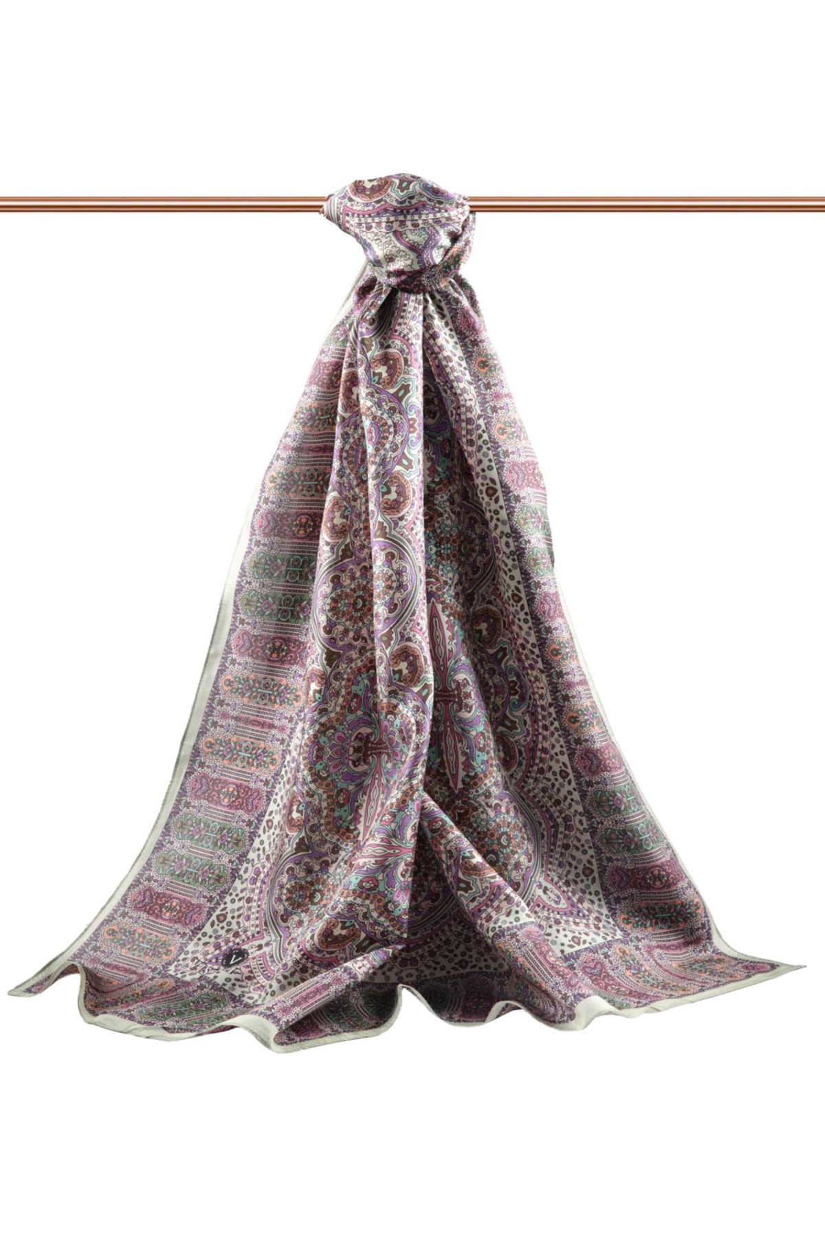 Vissona-100% Silk Ethnic Patterned Khaki - Purple Colored 92X210 Shawl 2