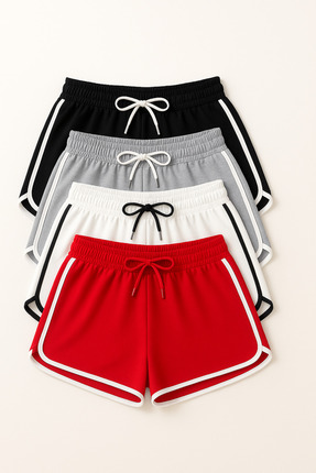Duples Kadın 2 Iplik Penye Siyah Beyaz Gri Kırmızı 4'lü Biyeli Şort
