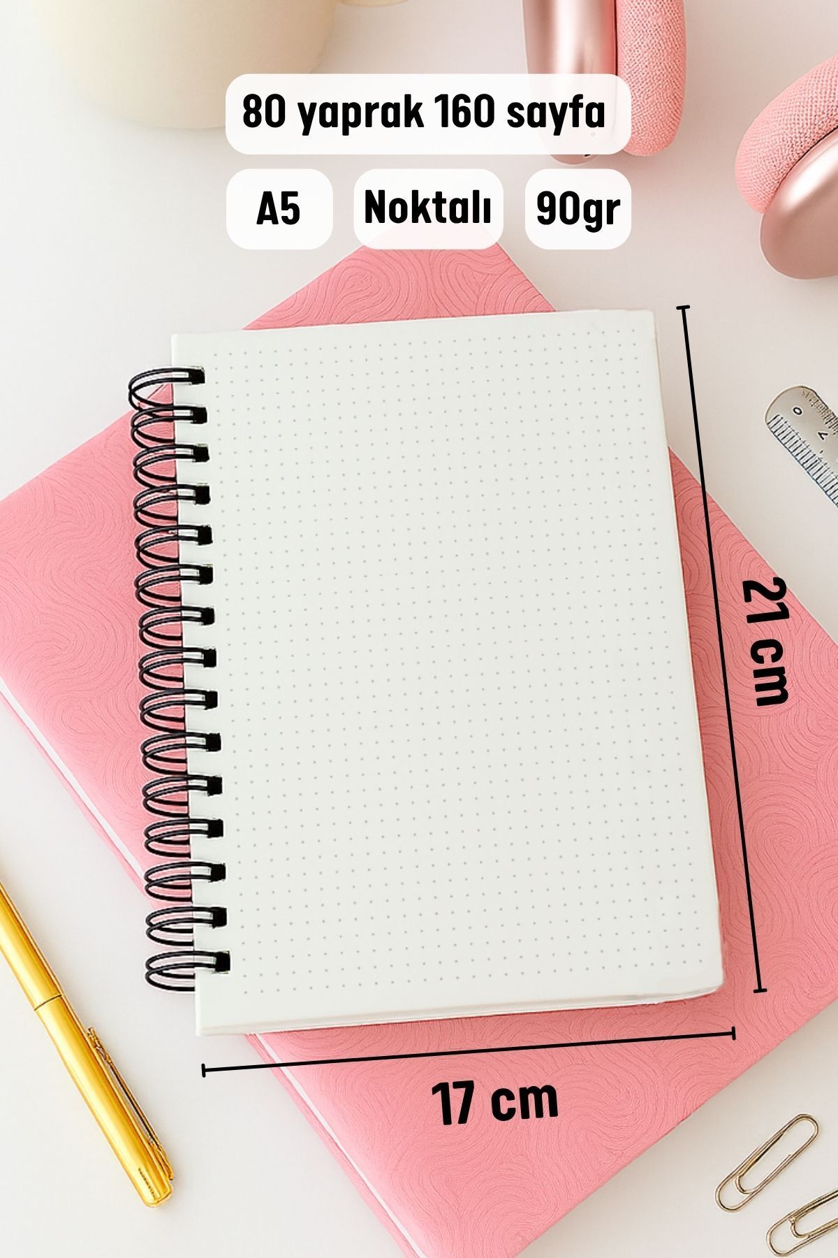 Eldesen Tasarım-A5 Spiral Thick Cover Dotted Notepad, 80 Sheets 160 Pages, Gold Flower 3