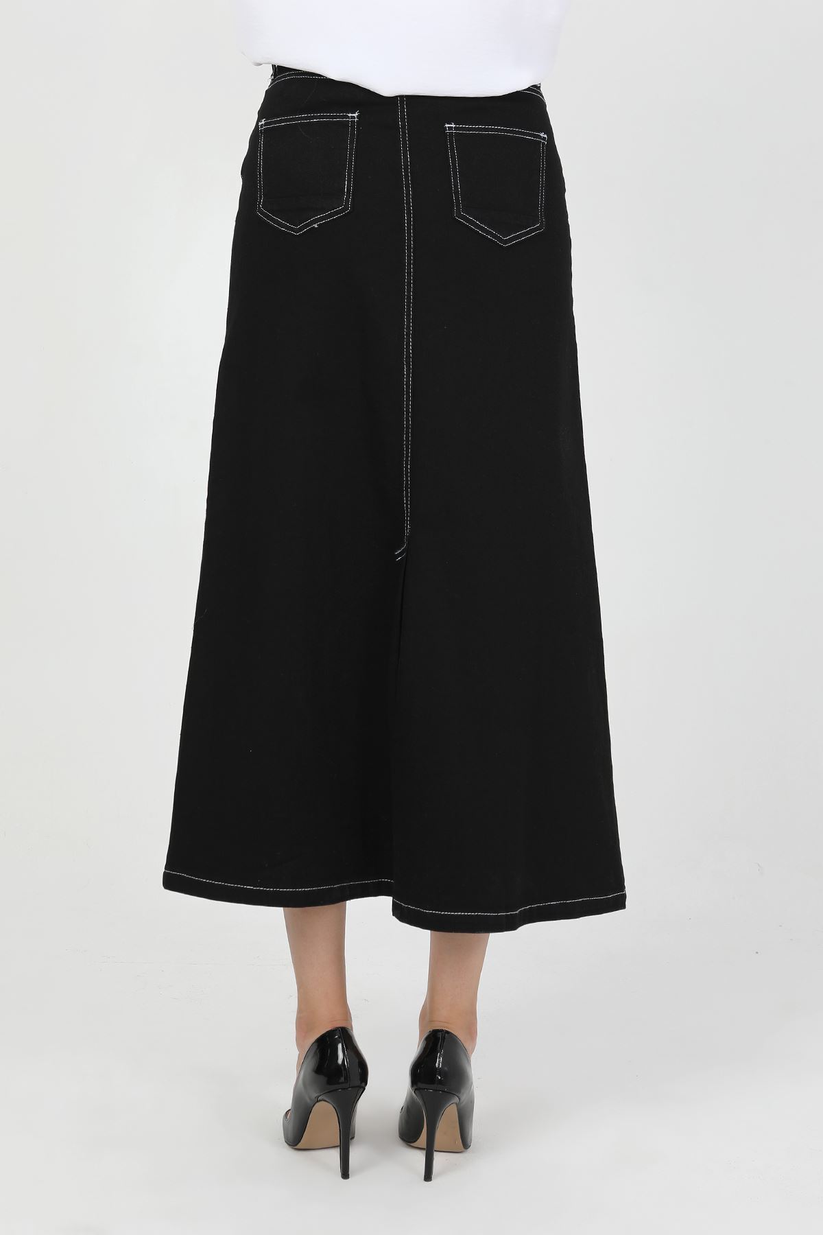VELLICHOR  Doğal Kumaşlı Kontrast Dikişli Kot Etek Siyah - Görsel 6
