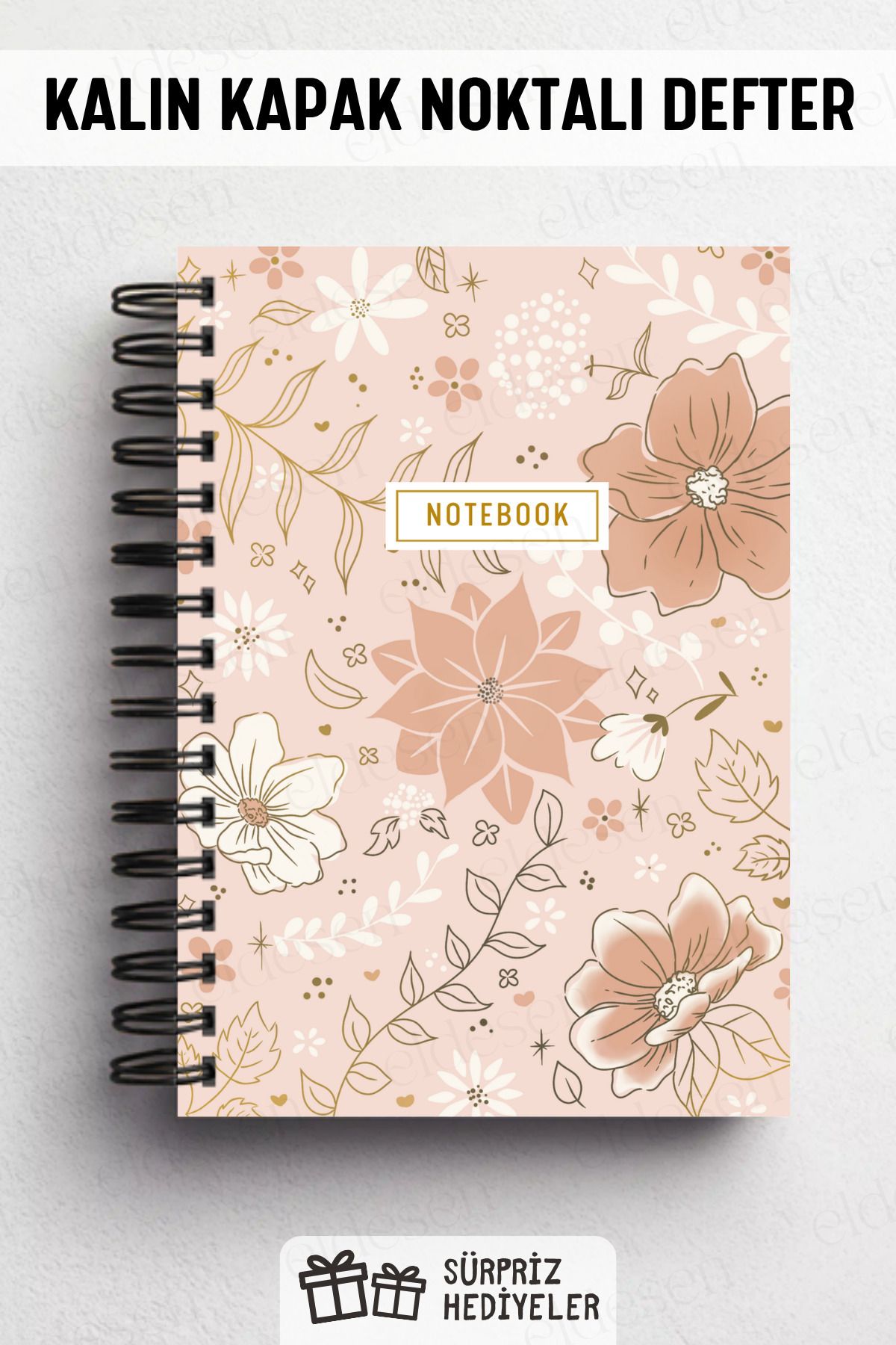 Eldesen Tasarım-A5 Spiral Thick Cover Dotted Notepad, 80 Sheets 160 Pages, Gold Flower 4