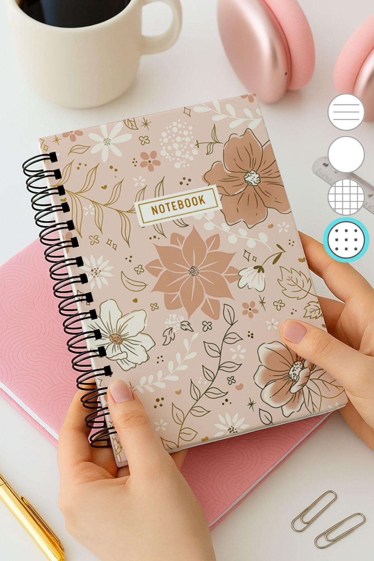 Eldesen Tasarım-A5 Spiral Thick Cover Dotted Notepad, 80 Sheets 160 Pages, Gold Flower 1