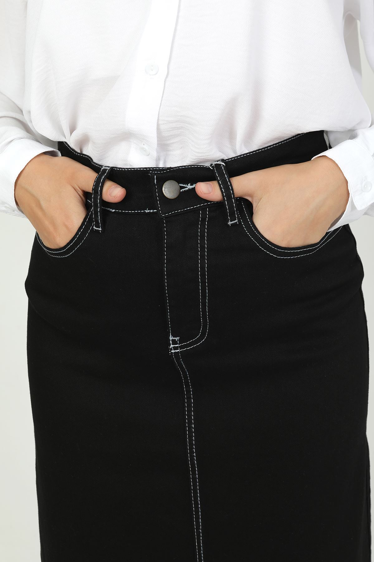 VELLICHOR  Doğal Kumaşlı Kontrast Dikişli Kot Etek Siyah - Görsel 5