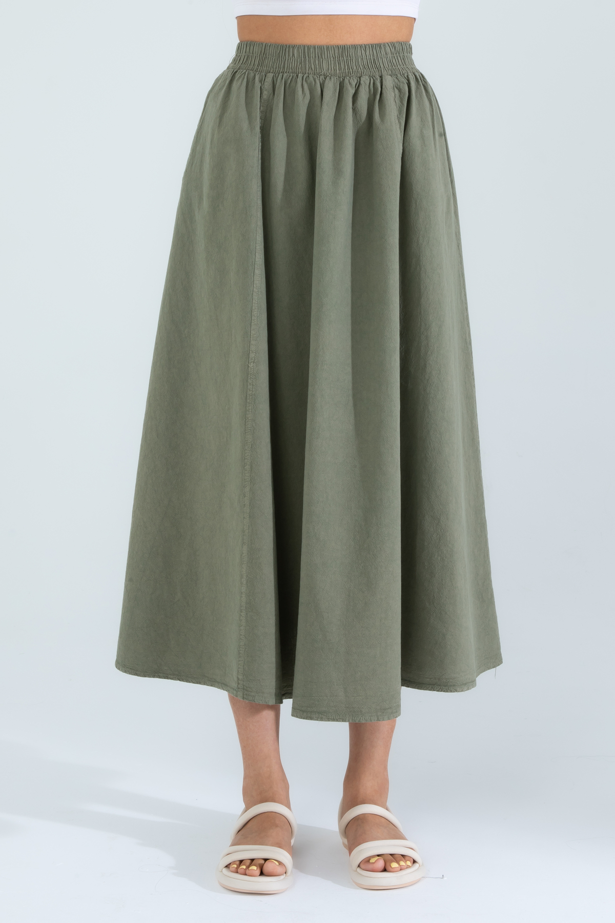 Suzella  Kadın A Kesim Yüksek Bel Cepli Dökümlü Kloş Etek - Dokulu Keten - Görsel 6