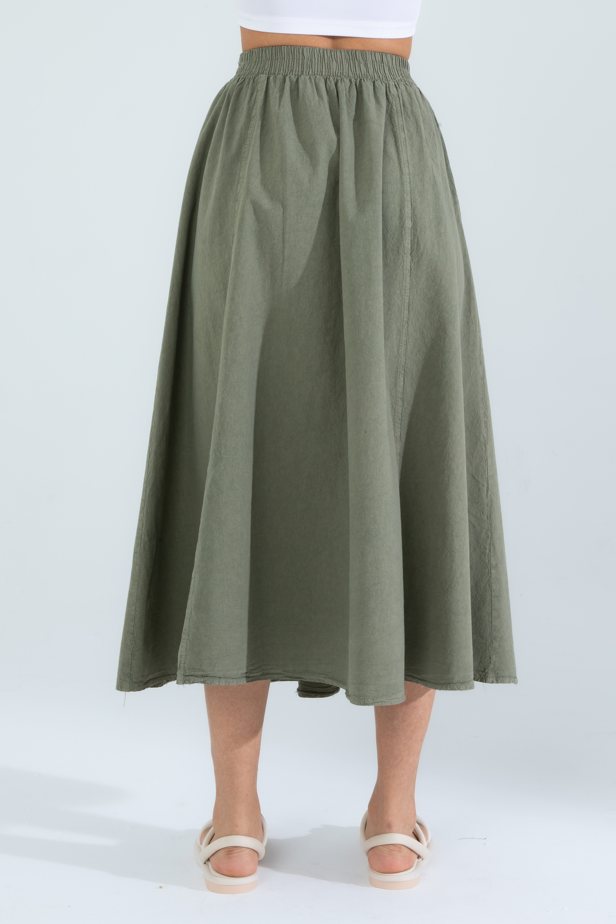 Suzella  Kadın A Kesim Yüksek Bel Cepli Dökümlü Kloş Etek - Dokulu Keten - Görsel 7