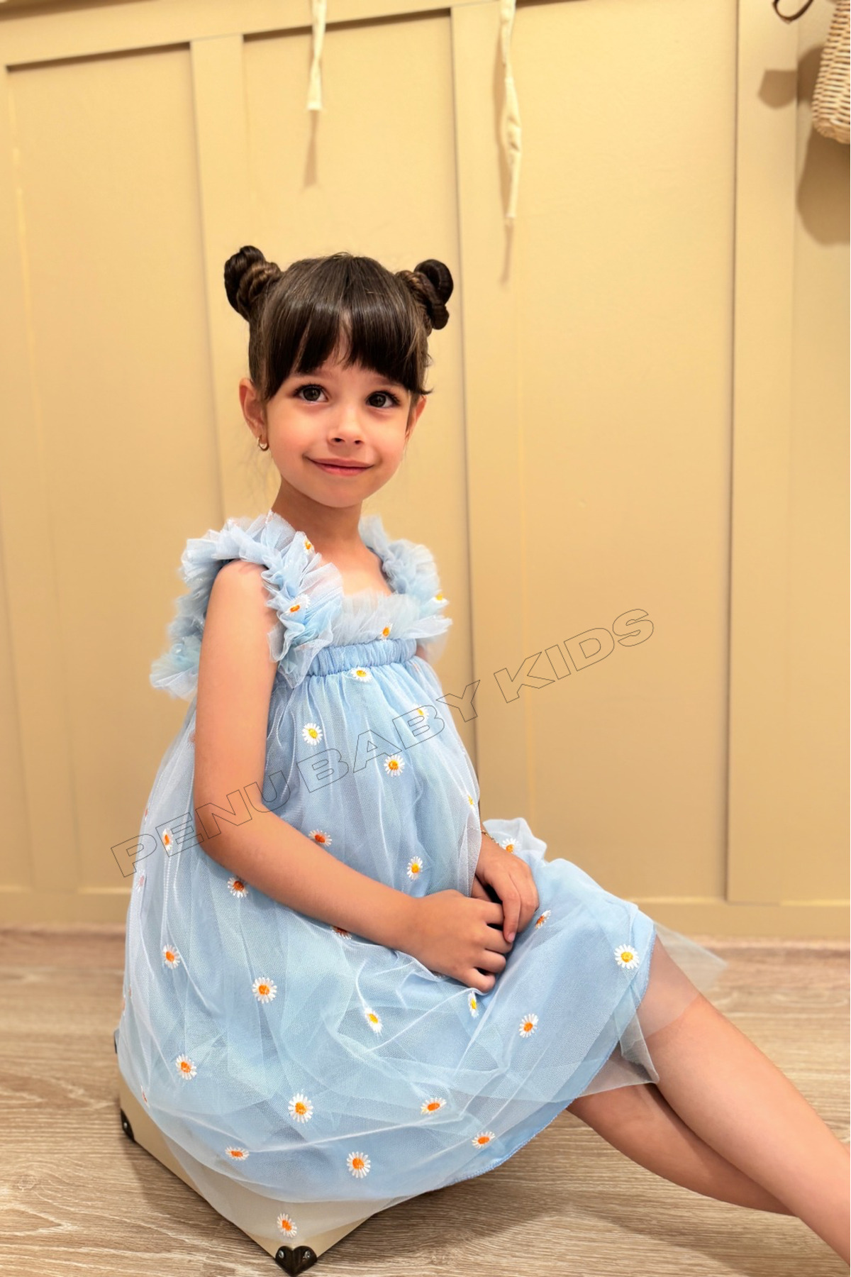 penu baby kids Mavi Nakış Papatya Işlemeli Askılı Kız Bebek & Kız Çocuk Elbise - Margarita