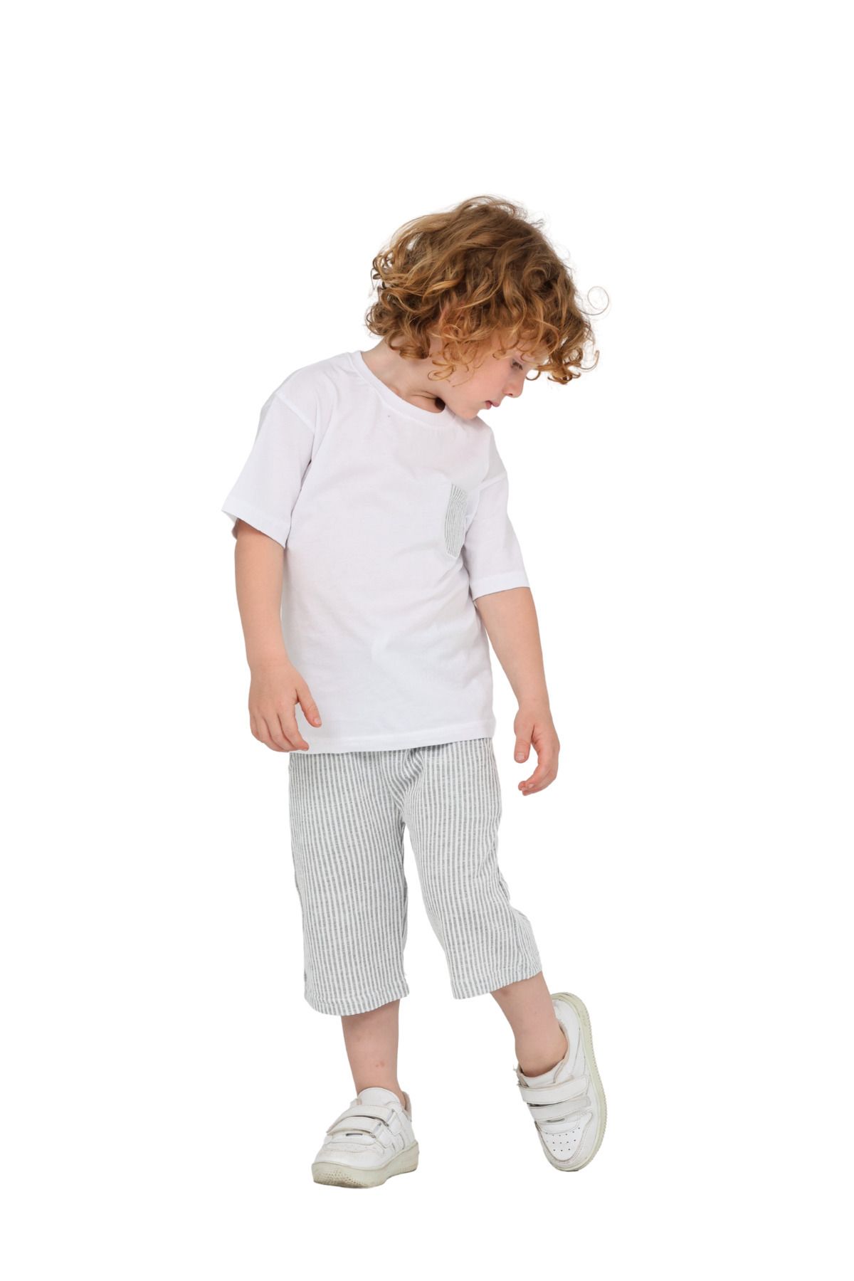 ERDEM KIDS-Boys Basic T-Shirt Shorts Striped Capris Summer 2-Piece Set 4