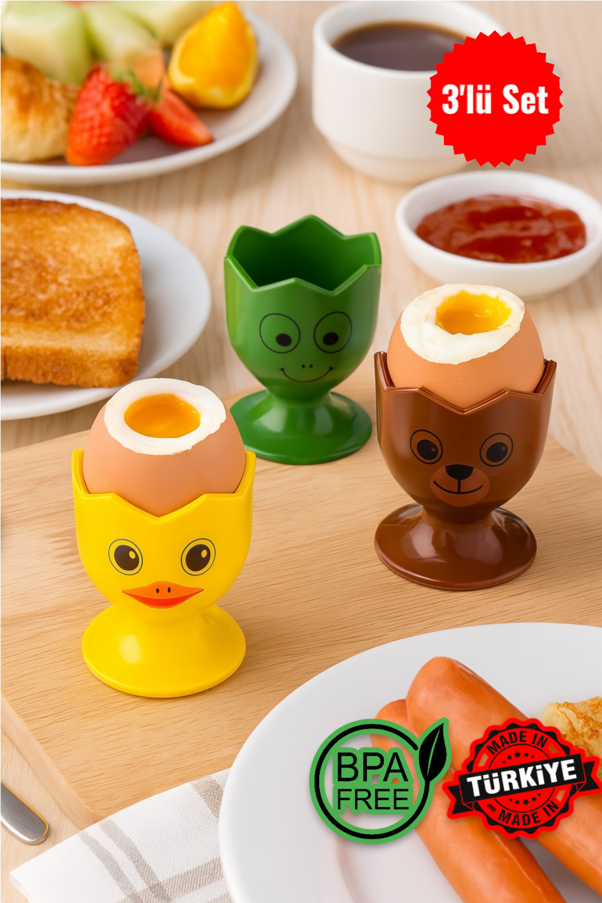 MUF HOME 3’lü Yumurtalık Seti Hayvan Figürlü – Civciv Kurbağa Ayıcık Tasarımlı - Kahvaltıya Neşe Katın fotoğrafı 2 (önizleme)