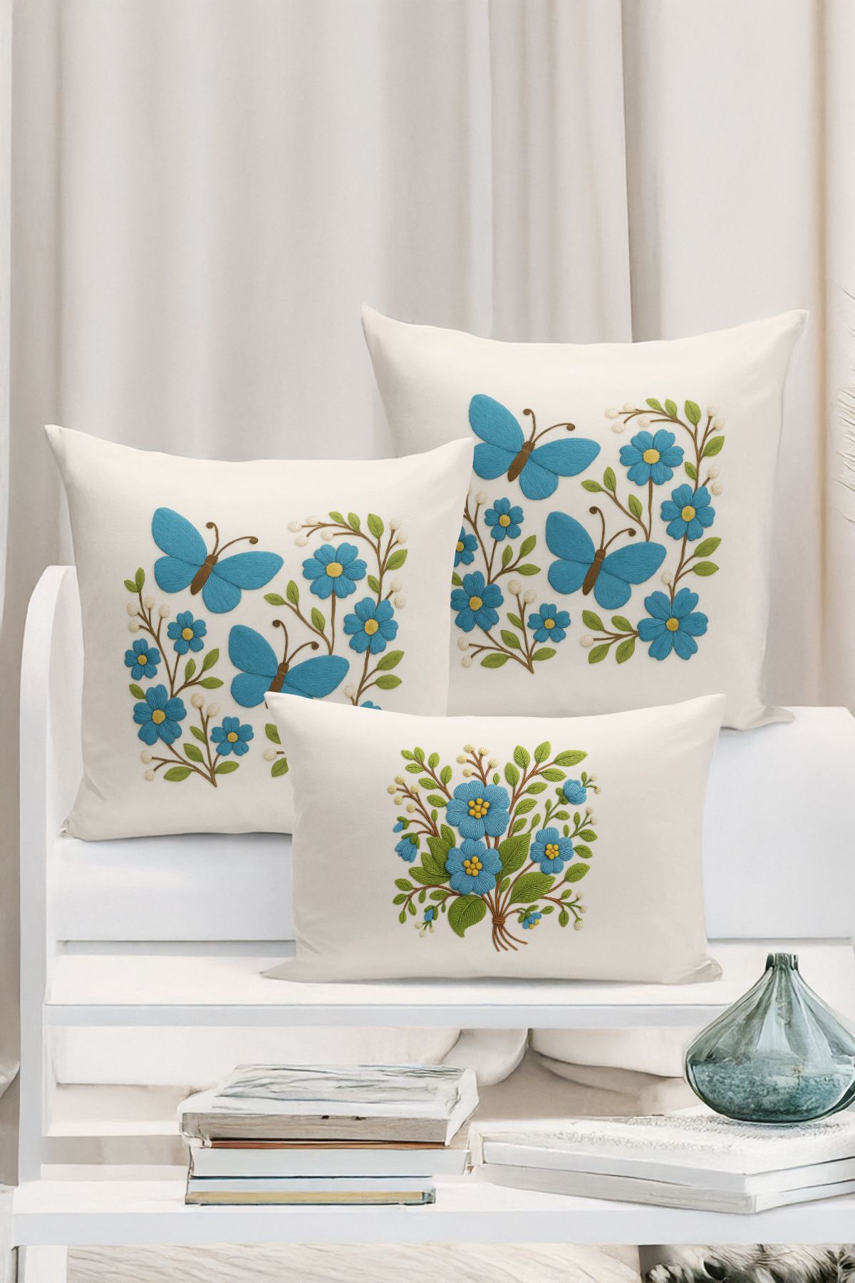 Bertille Home-Set de 3 huse de pernă cu imprimare digitală pe două părți (aspect de broderie cu model de puncție) 1