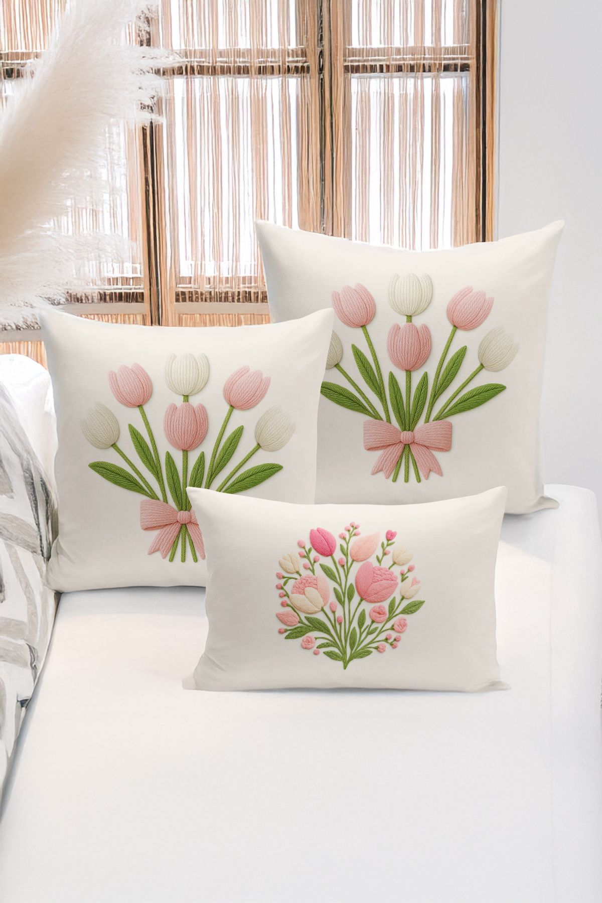 Bertille Home-Set de 3 huse de pernă cu imprimare digitală pe două părți (aspect de broderie cu model de puncție) 1