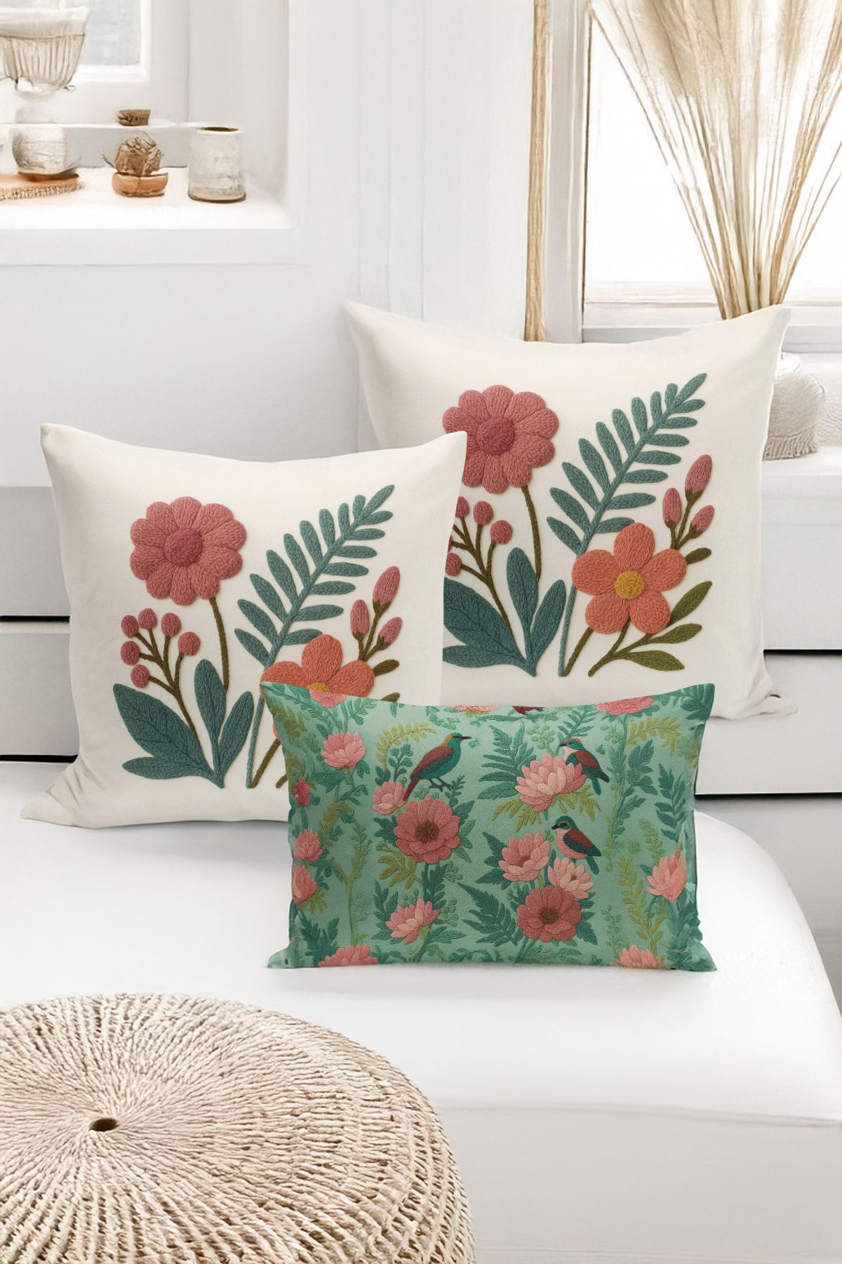 Bertille Home-Set de 3 huse de pernă cu imprimare digitală pe două părți (aspect de broderie cu model de puncție) 1