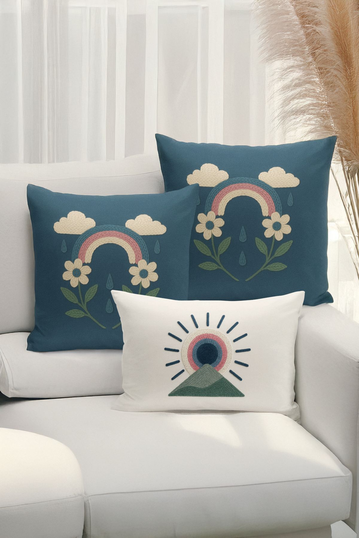 Bertille Home-Set de 3 huse de pernă cu imprimare digitală pe două părți (aspect de broderie cu model de puncție) 1