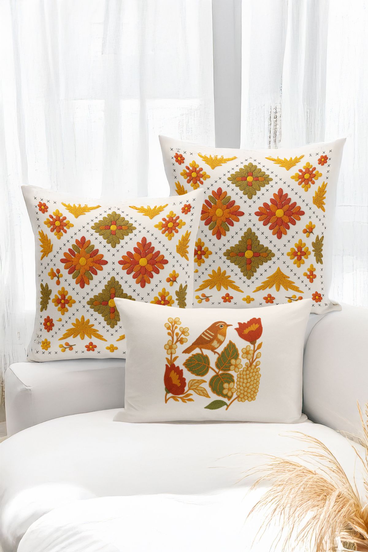 Bertille Home-Set de 3 huse de pernă cu imprimare digitală pe două părți (aspect de broderie cu model de puncție) 1