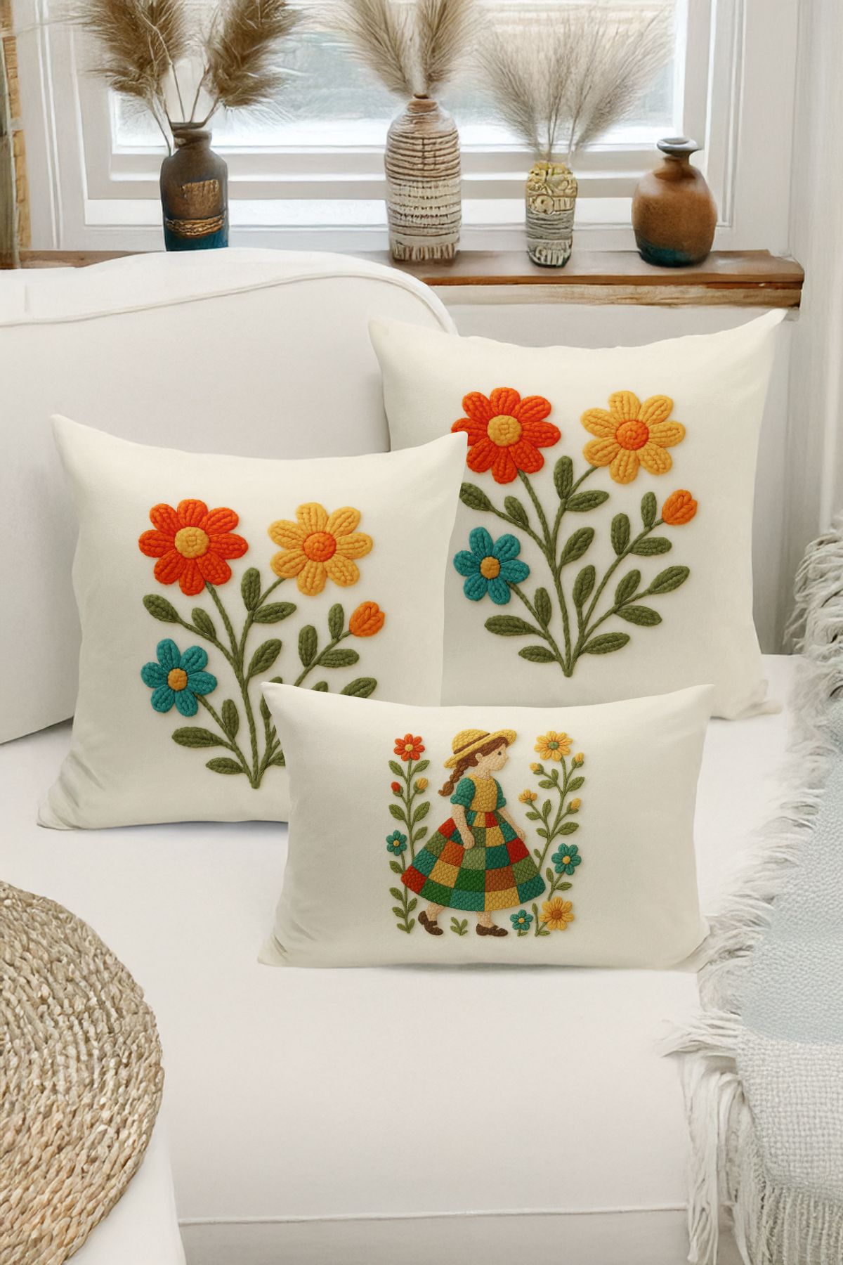 Bertille Home-Set de 3 huse de pernă cu imprimare digitală pe două părți (aspect de broderie cu model de puncție) 1
