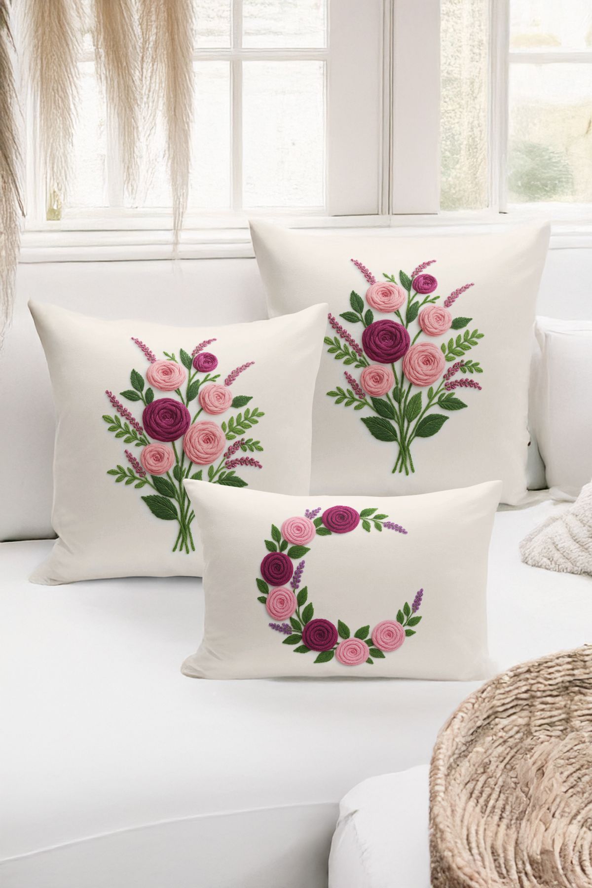 Bertille Home-Set de 3 huse de pernă cu imprimare digitală pe două părți (aspect de broderie cu model de puncție) 1