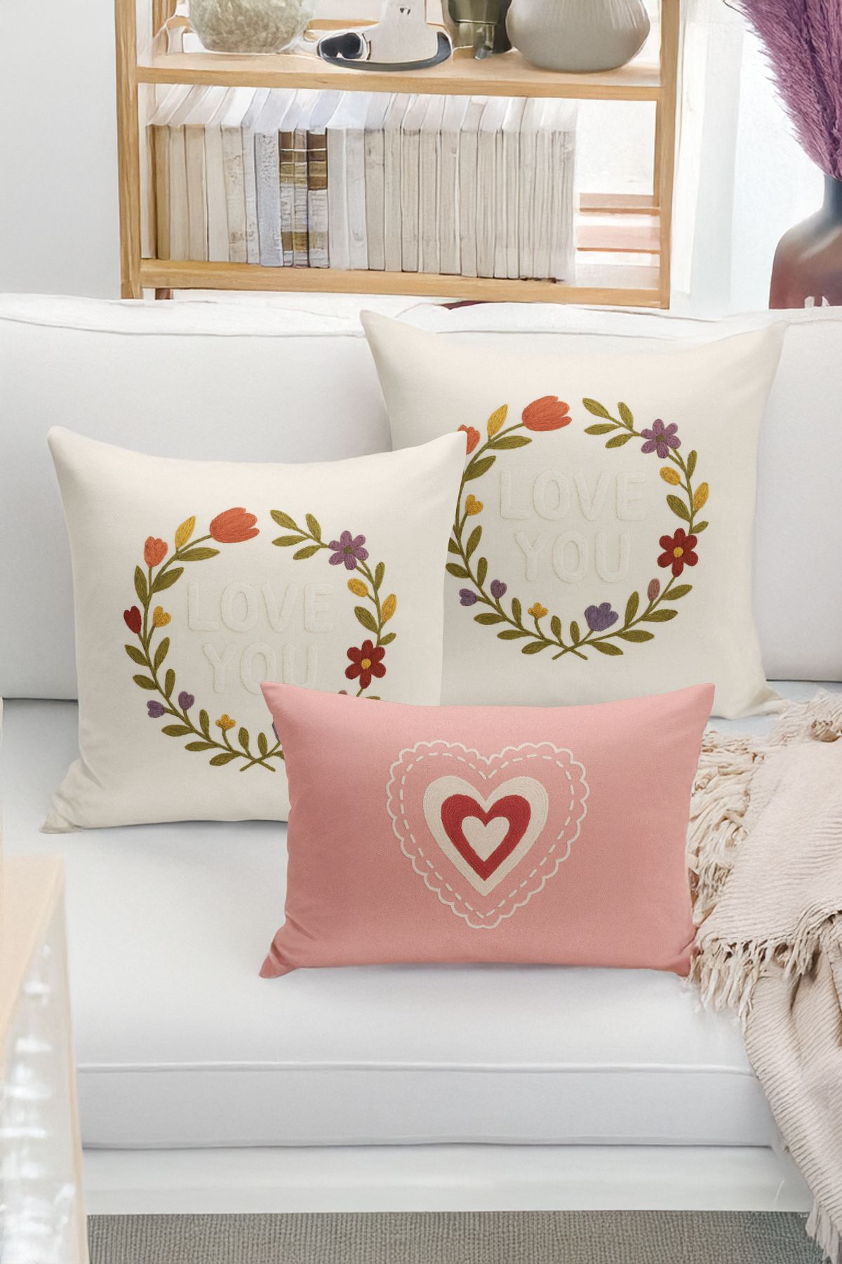 Bertille Home-Set de 3 huse de pernă cu imprimare digitală pe două părți (aspect de broderie cu model de puncție) 1