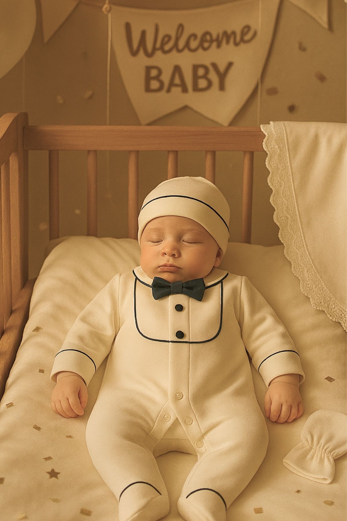 Minytrendy Erkek Bebek Yenidoğan Tulum Özel Gün Hastane Çıkışı Takım Şapka & Eldiven Set Bebek Mevlüt Hediyelik fotoğrafı 2 (önizleme)